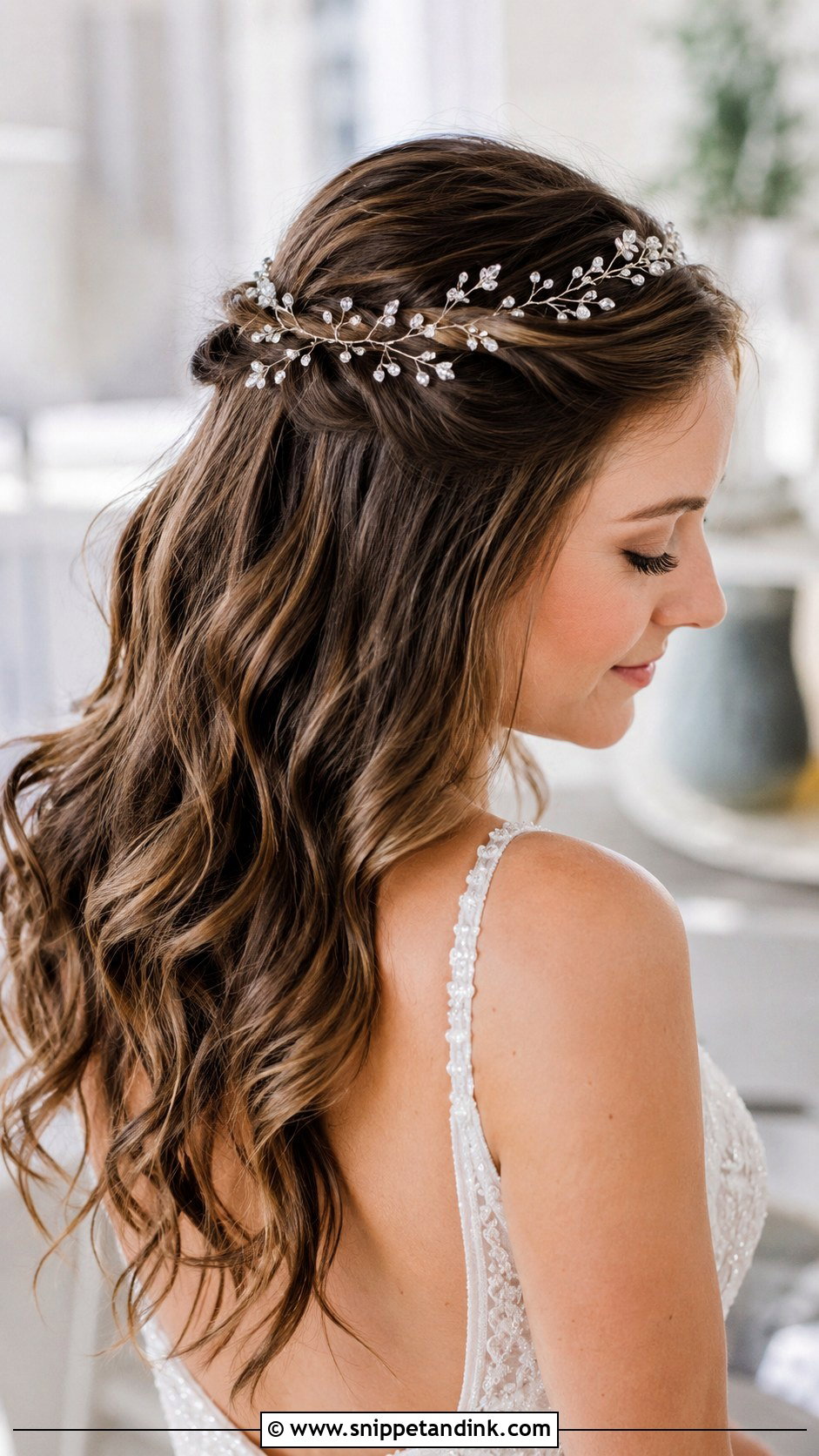 Half Up Style with Hair Vine - Snippet and Ink - 25 Half-Up Short Hair Wedding Ideas