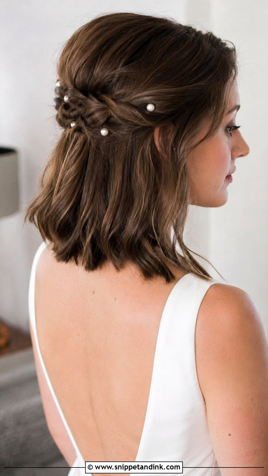 Half Up Style with Pearl Pins - Snippet and Ink - 25 Half-Up Short Hair Wedding Ideas