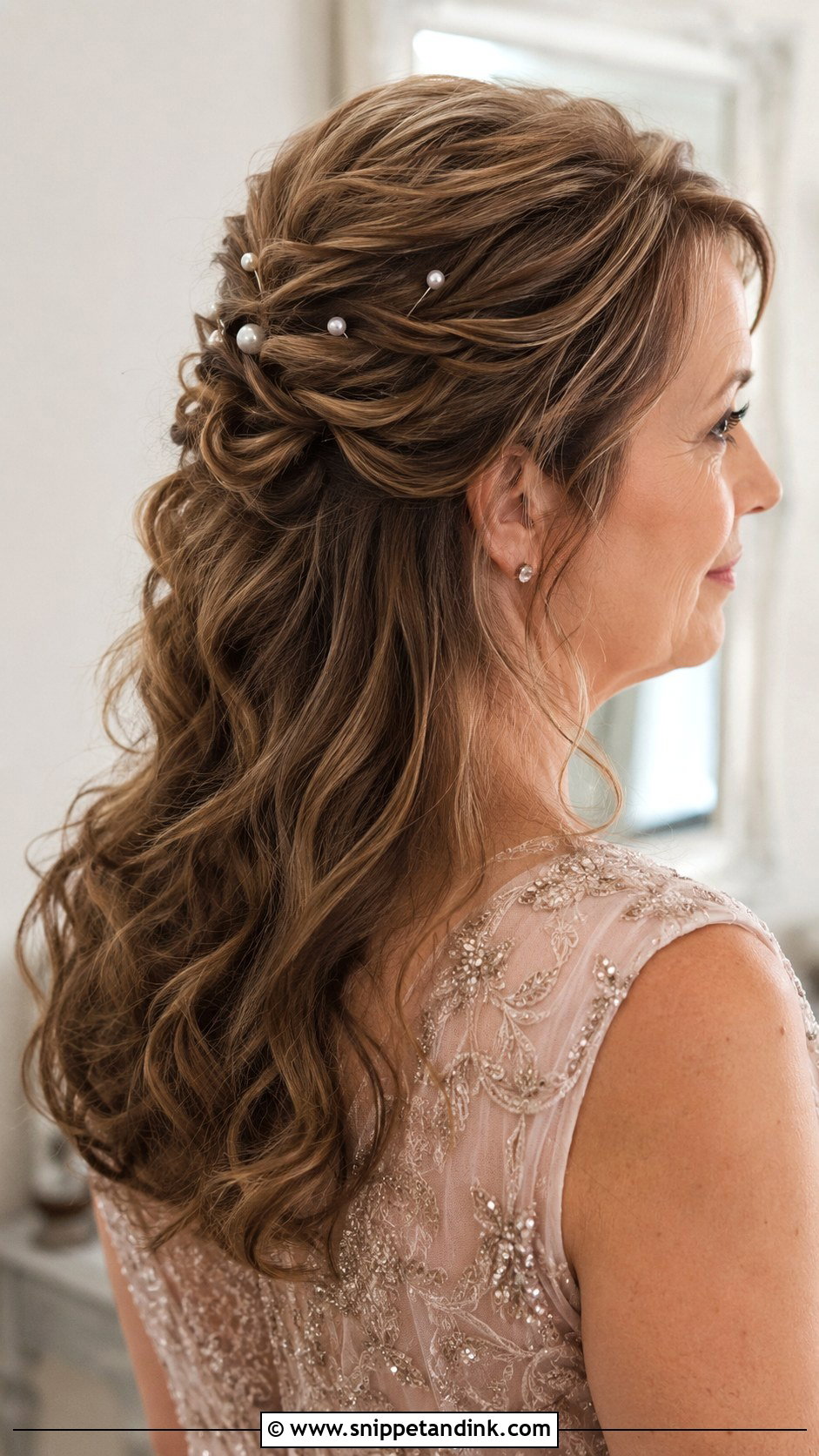 Half Up Style with Pearl Pins - Snippet and Ink - 30 Mother of the Bride Hair Down Ideas