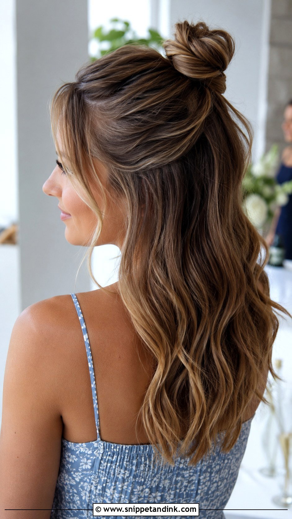 Half Up Top Knot - Snippet and Ink - 20 Simple Medium Length Wedding Guest Hair Ideas