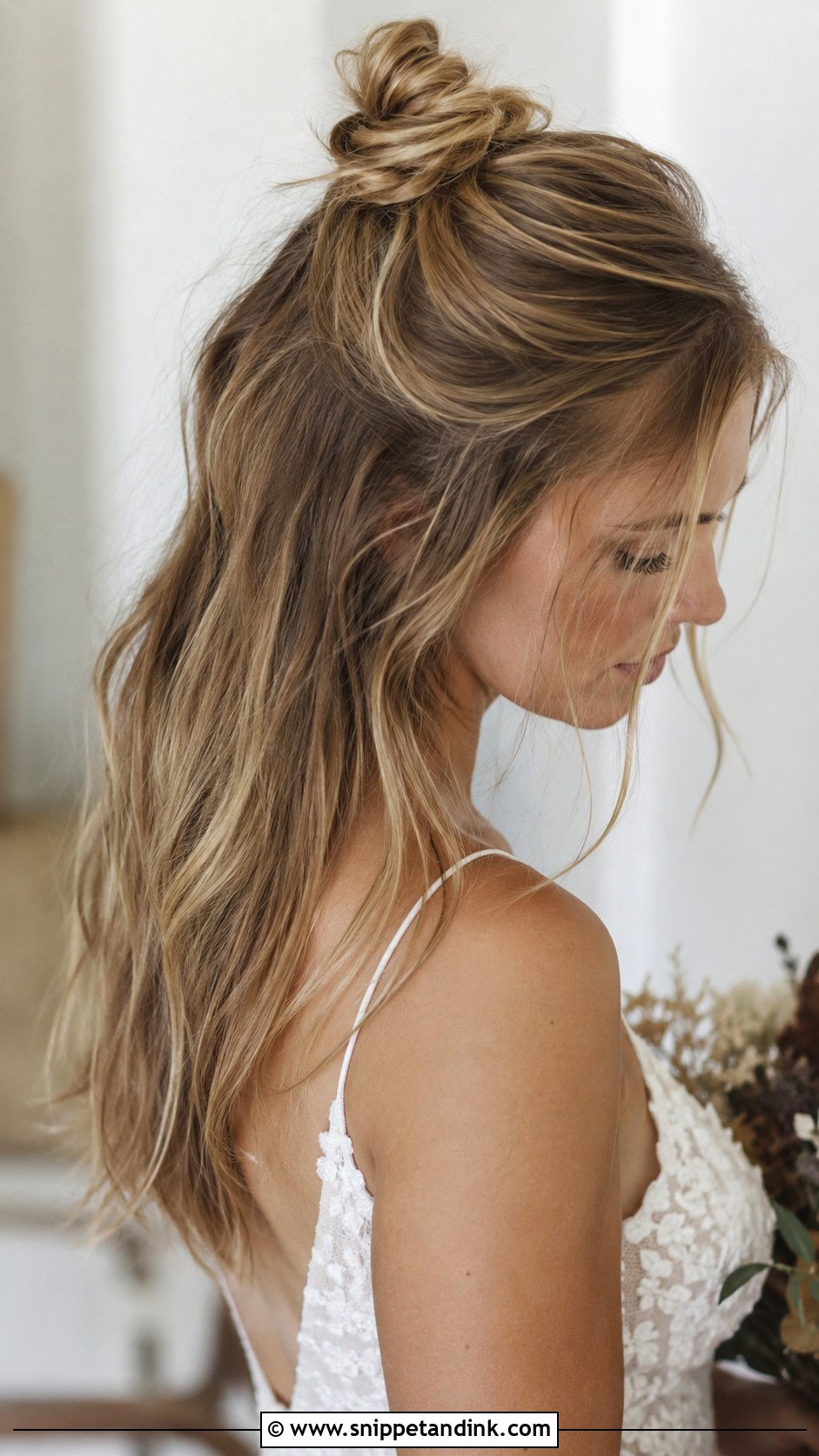 Half Up Top Knot - Snippet and Ink - 20 Hairstyles for Wedding Guest Medium