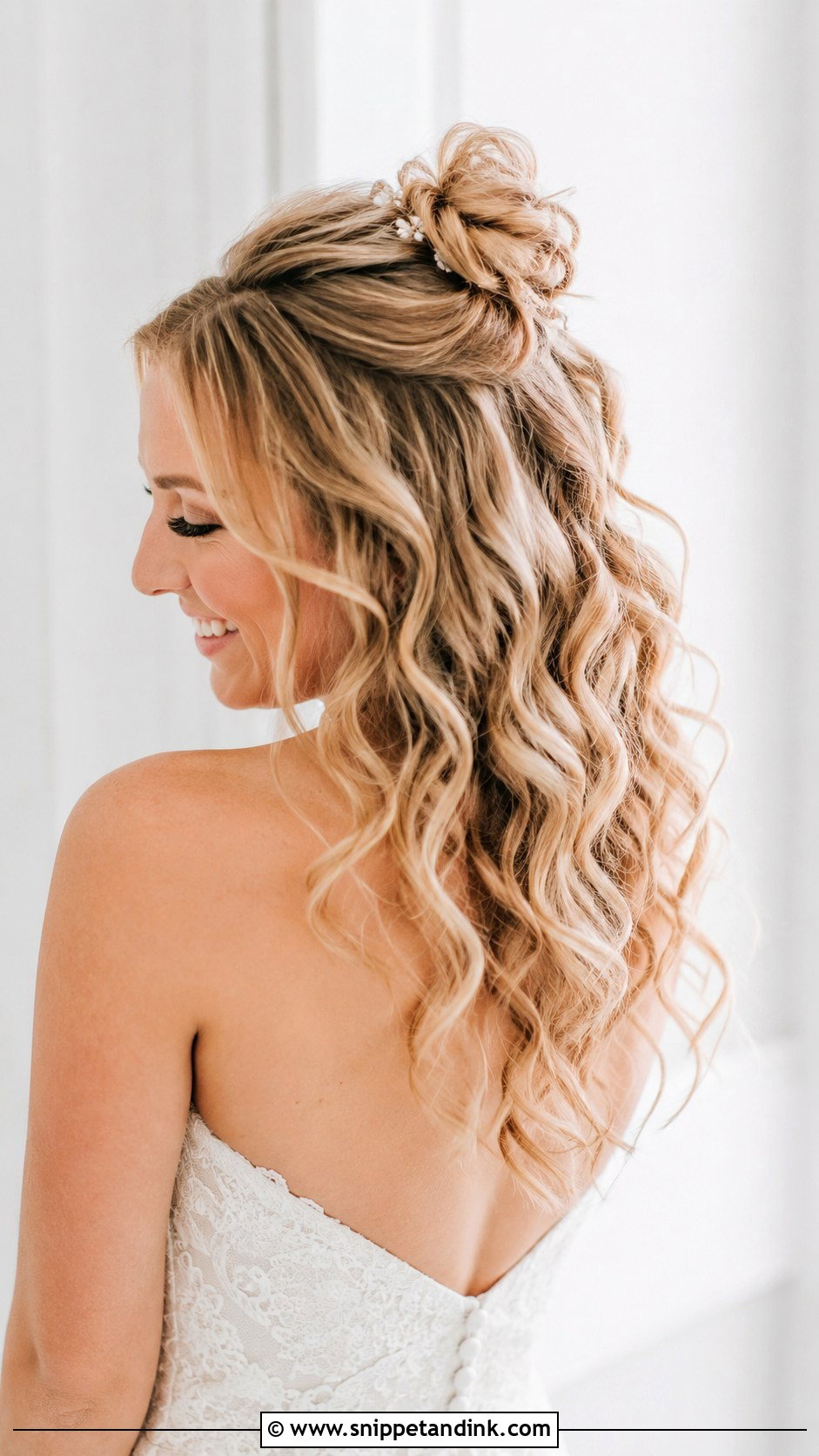 Half Up Top Knot With Curls - Snippet and Ink - 25 Long Hairstyles for Wedding