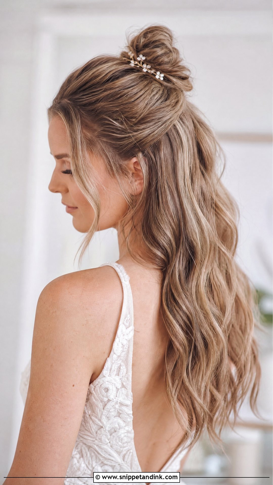 Half Up Top Knot With Waves - Snippet and Ink - 20 Long Hair Wedding Hair Styles