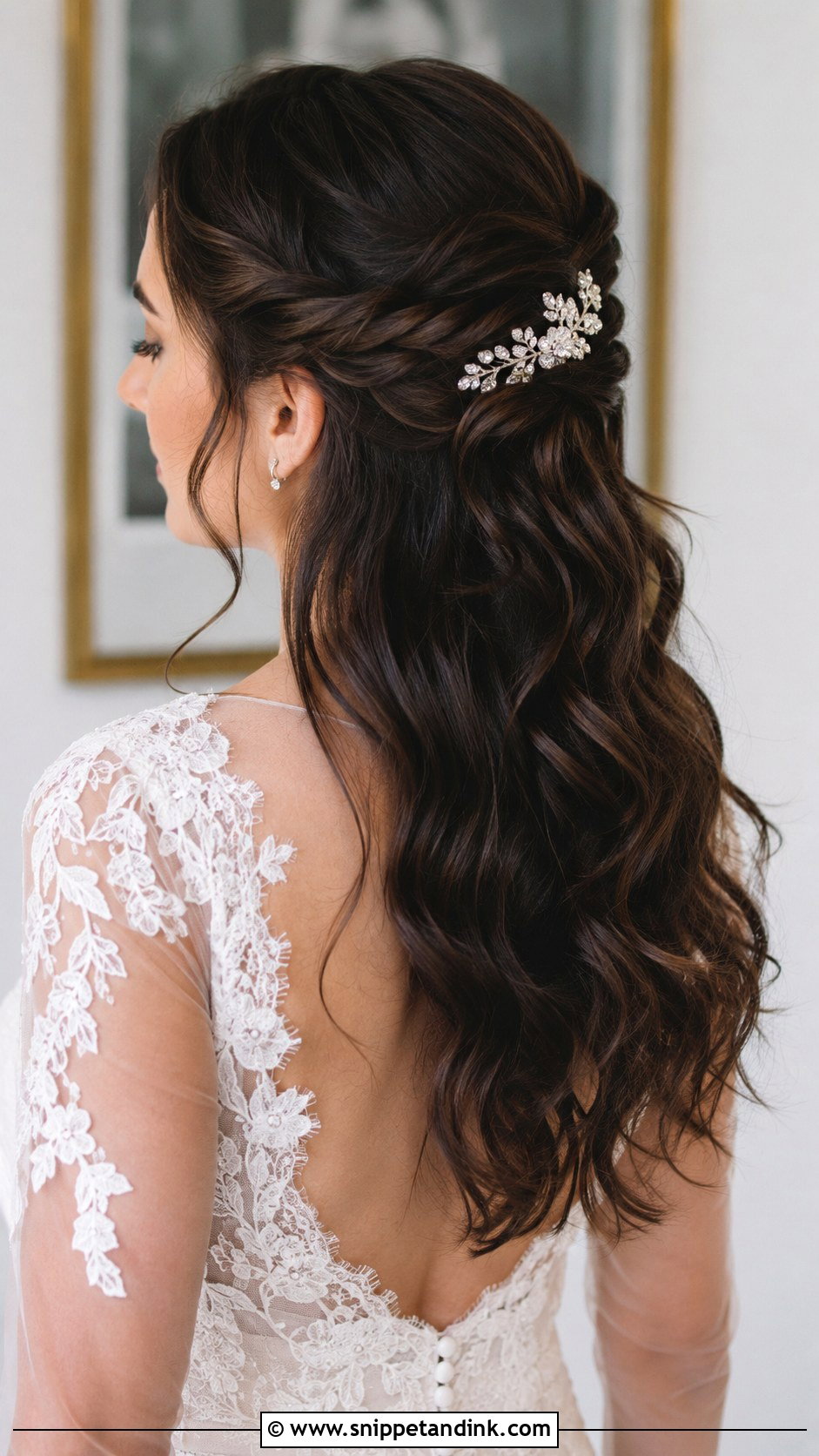 Half Up Twist With Cascading Waves - Snippet and Ink - 20 Wedding Hairstyles Dark Hair