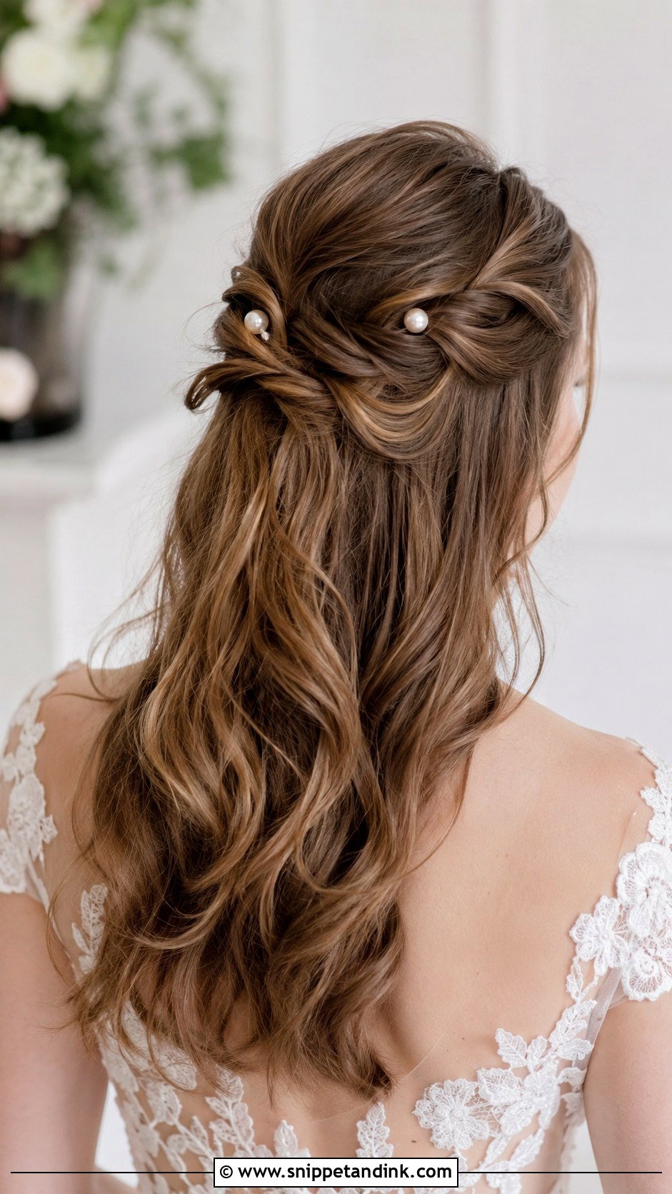 Half Up Twist With Pearl Pins - Snippet and Ink - 35 Short Hair Wedding Styles
