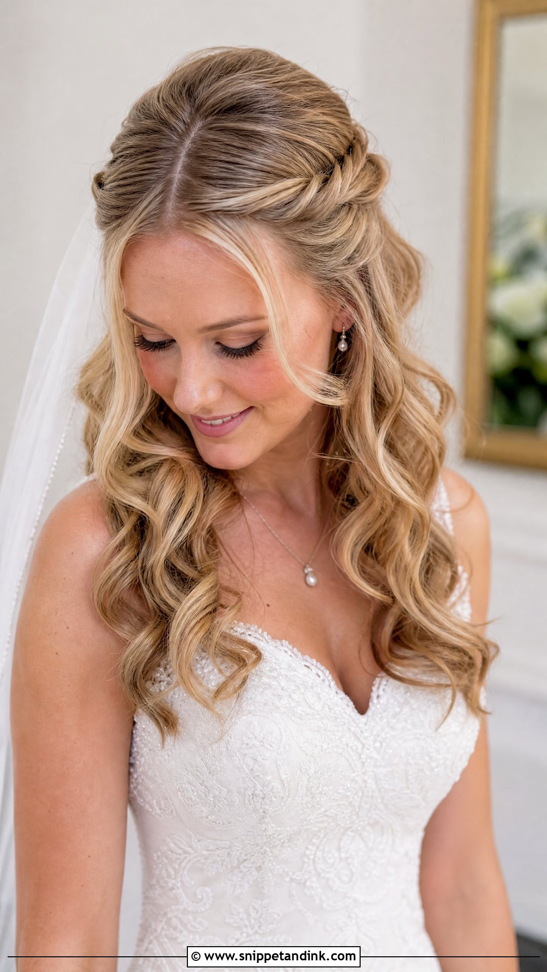 Half Up Twisted Crown With Curls - Snippet and Ink - 20 Wedding Hairstyles for Layered Hair