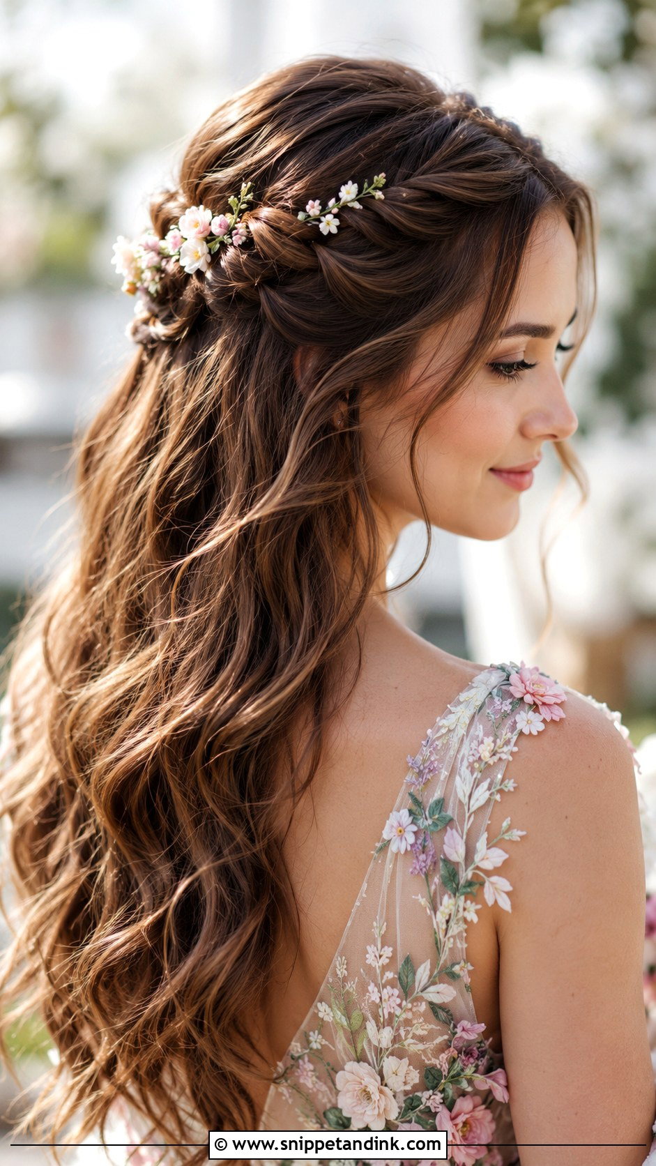 Half Up Twisted Crown With Flowers - Snippet and Ink - 30 Hair Down Wedding Styles