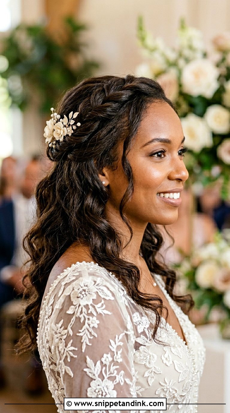 Half Up Twisted Crown With Waves - Snippet and Ink - 20 Black Half-Up Half-Down Wedding Hair Ideas