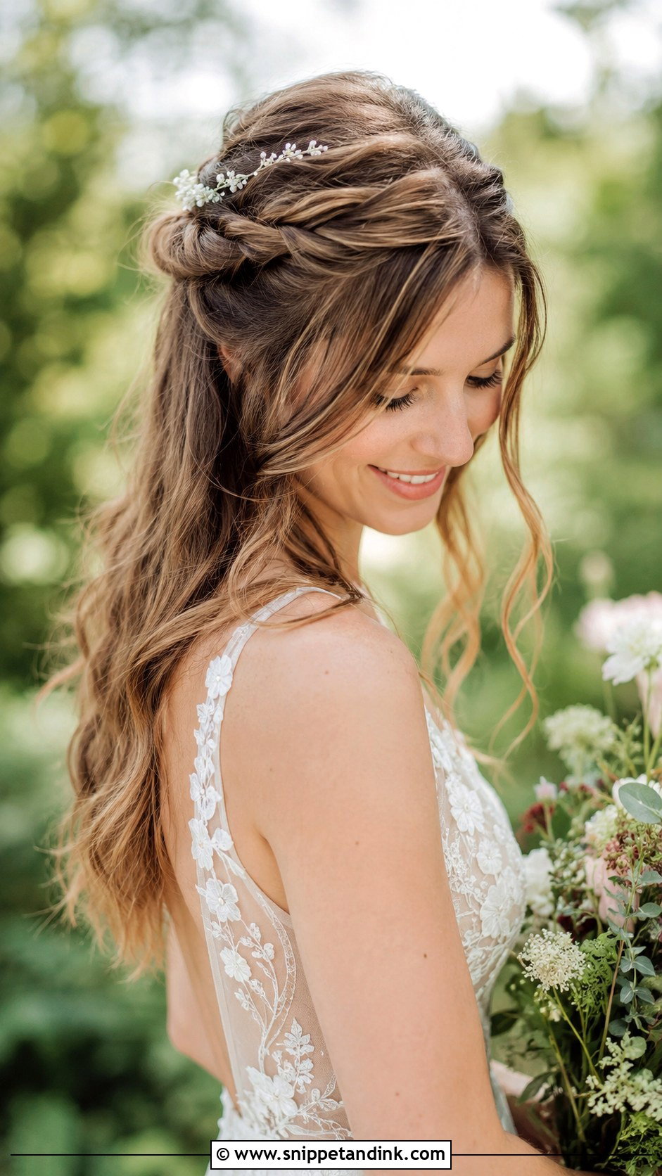 Half Up Twisted Halo - Snippet and Ink - 25 Medium Length Half-Up Half-Down Wedding Hair Ideas