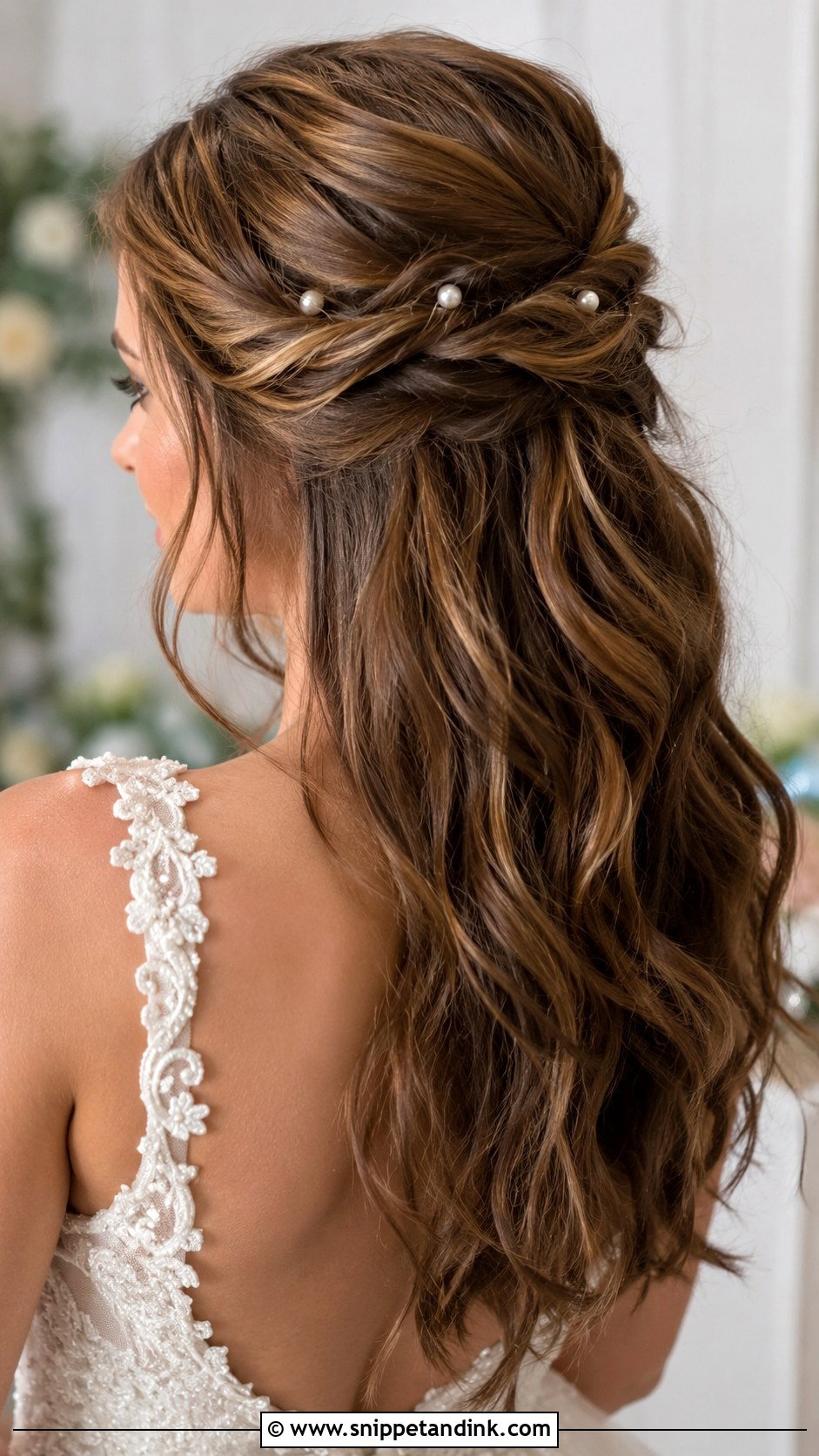 Half Up Twisted Halo Style - Snippet and Ink - 25 Half-Up Long Hair Wedding Styles
