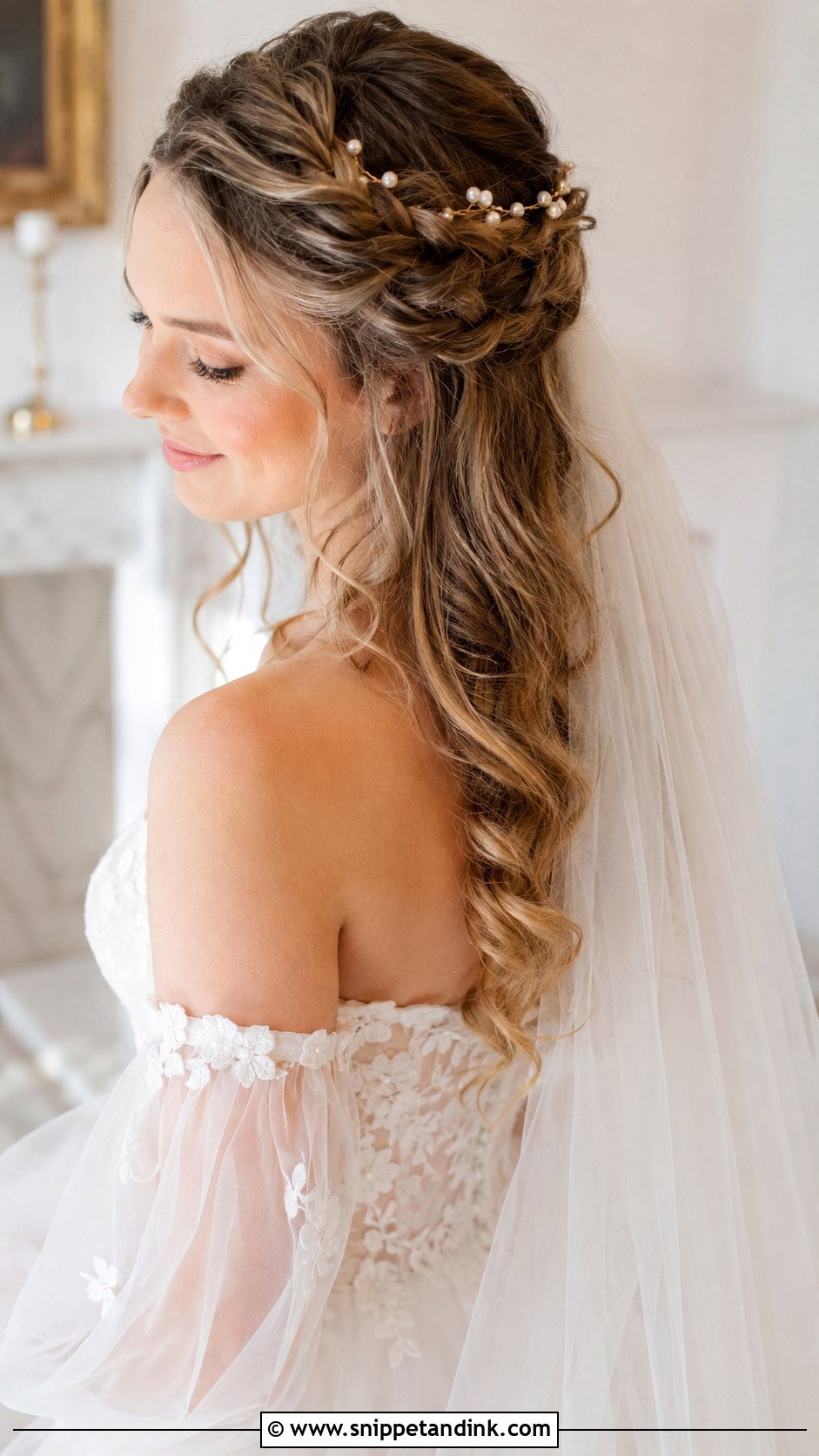 Half Up Twisted Halo With Loose Curls - Snippet and Ink - 25 Long Half-Up Half-Down Wedding Hair Ideas