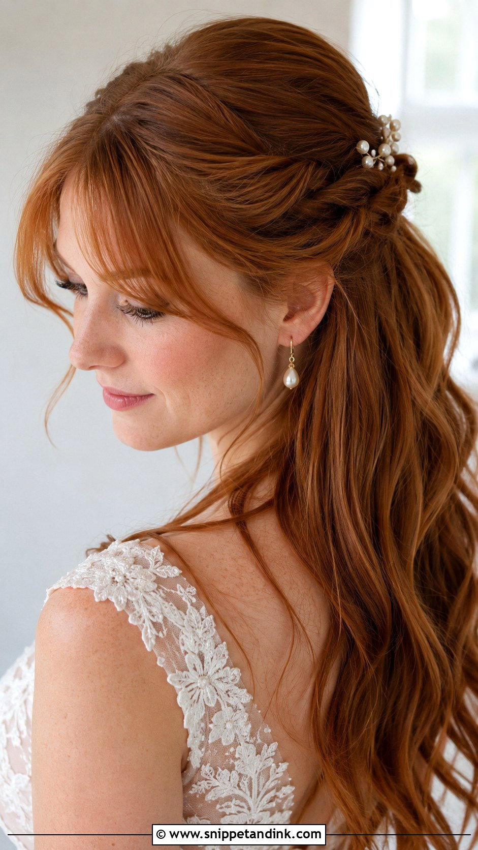 Half Up Twisted Style with Curtain Bangs - Snippet and Ink - 20 Half-Up Half-Down Wedding Hair with Bangs
