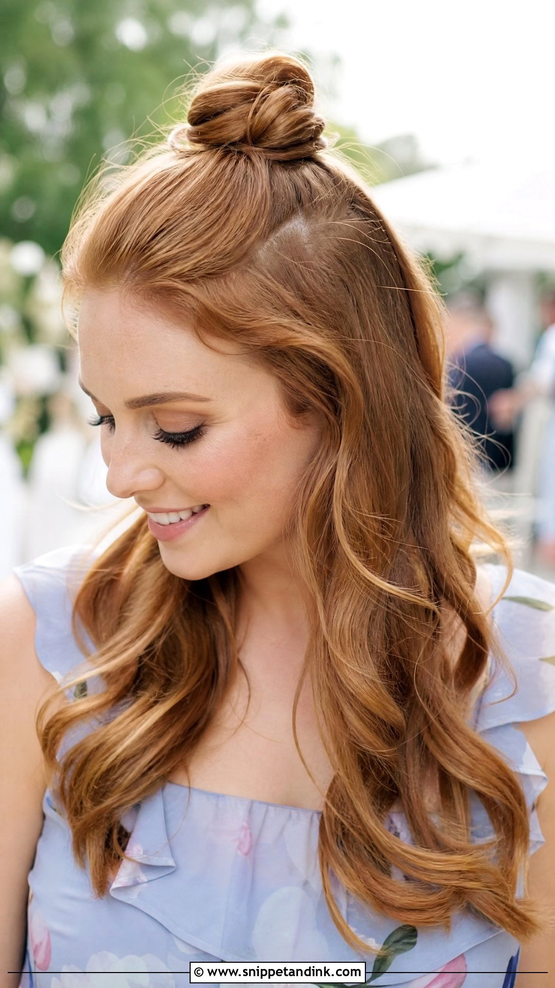 Half Up Twisted Top Knot - Snippet and Ink - 20 Shoulder Length Wedding Guest Hair Ideas