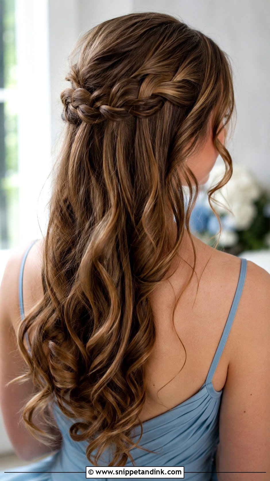 Half Up Waterfall Braid For Long Hair - Snippet and Ink - 20 Half-Up Wedding Guest Hairstyles for Long Hair