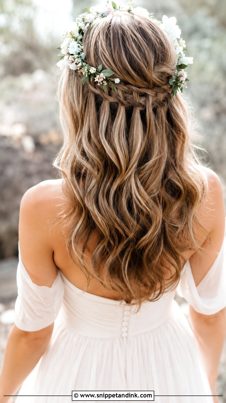 Half Up Waterfall Braid With Soft Waves - Snippet and Ink - 25 Long Half-Up Half-Down Wedding Hair Ideas