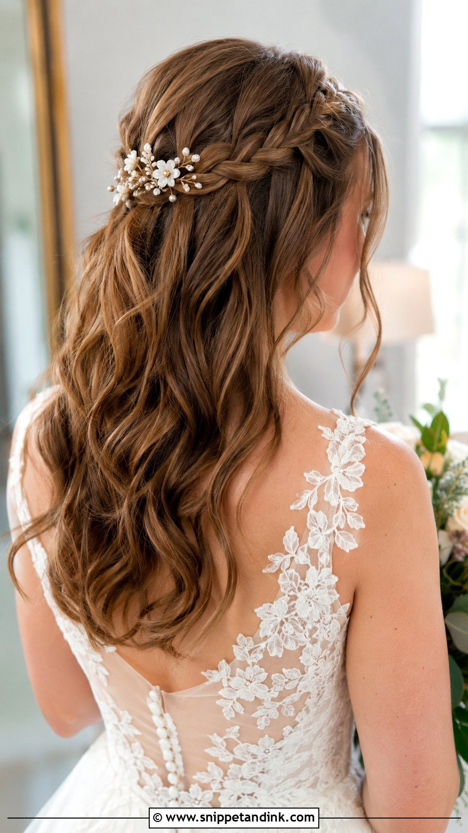 Half Up Waterfall Braid for Brides - Snippet and Ink - 20 Mid Length Bridal Half-Up Half-Down Hair Ideas