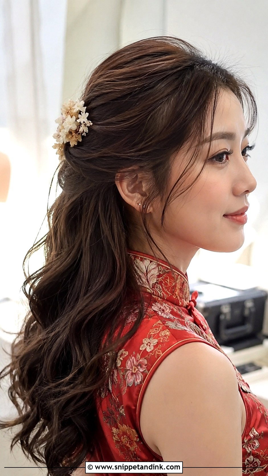 Half Up Waves With Floral Accents - Snippet and Ink - 20 Sangjit Hairstyle Ideas