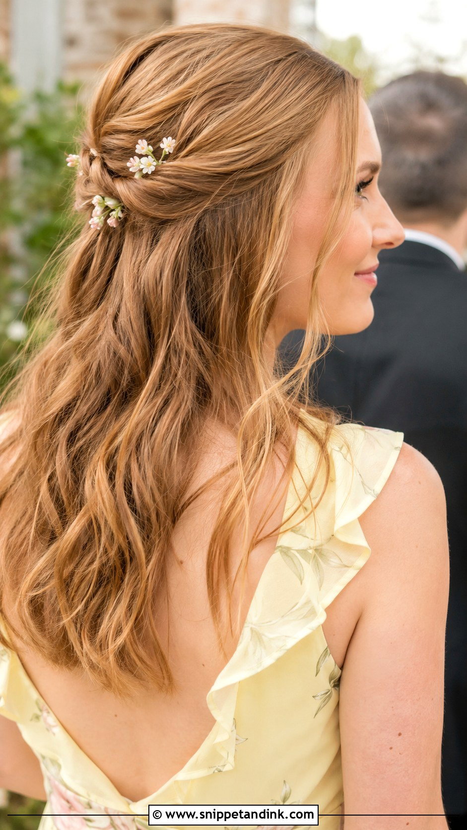Half Up Wedding Guest Hair With Flowers - Snippet and Ink - 20 Half-Up Wedding Guest Hair Ideas