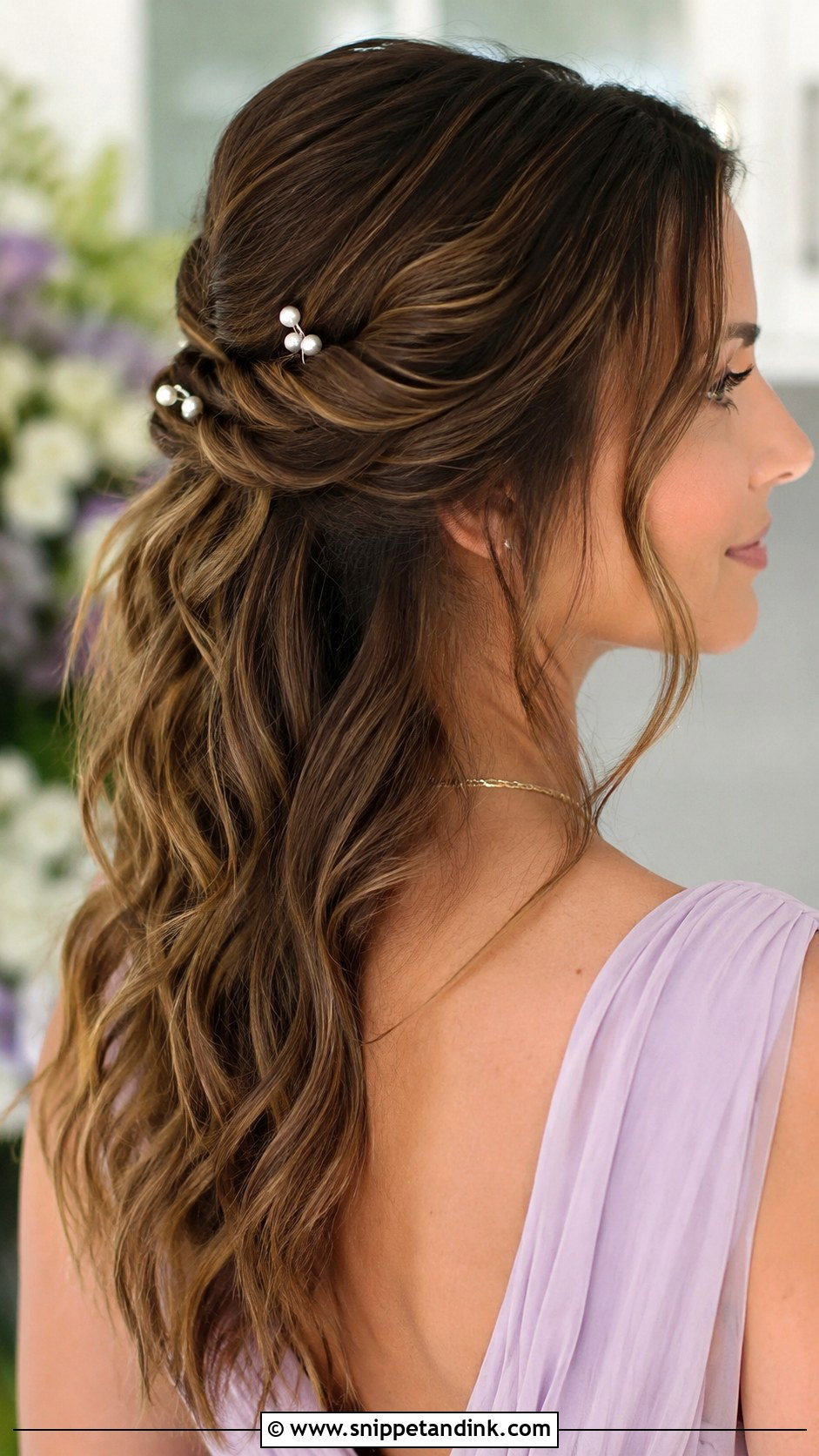 Half Up Wedding Guest Hair With Pearl Pins - Snippet and Ink - 20 Half-Up Wedding Guest Hair Ideas