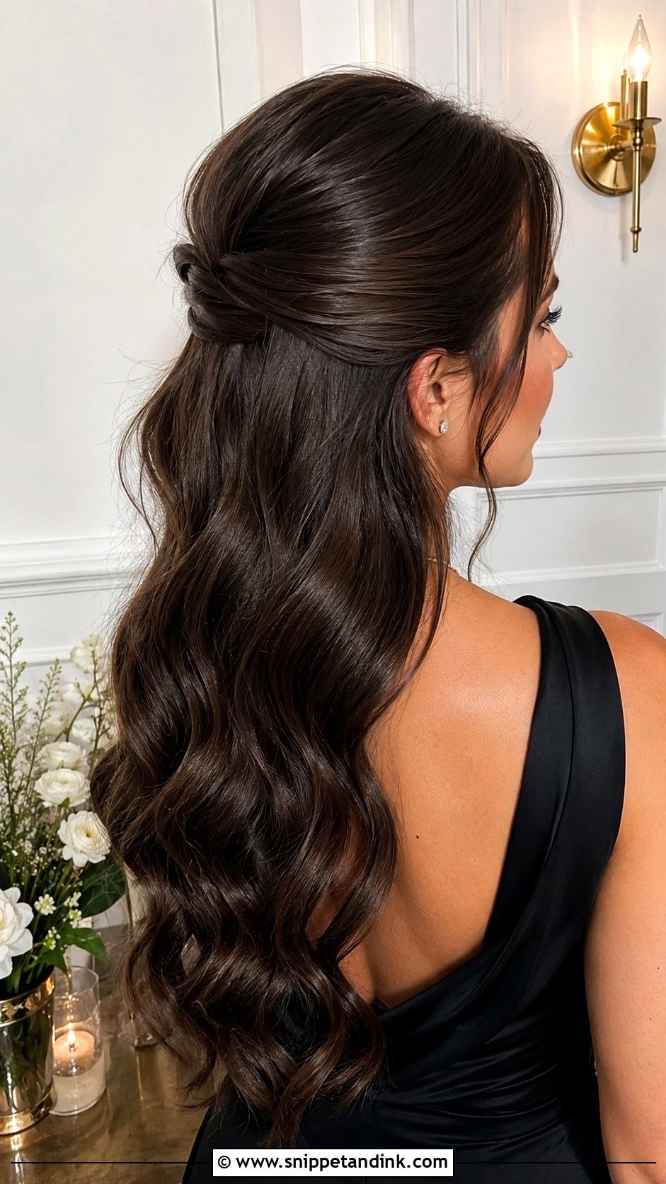 Half Up Wedding Guest Hair With Sleek Waves - Snippet and Ink - 20 Half-Up Wedding Guest Hair Ideas