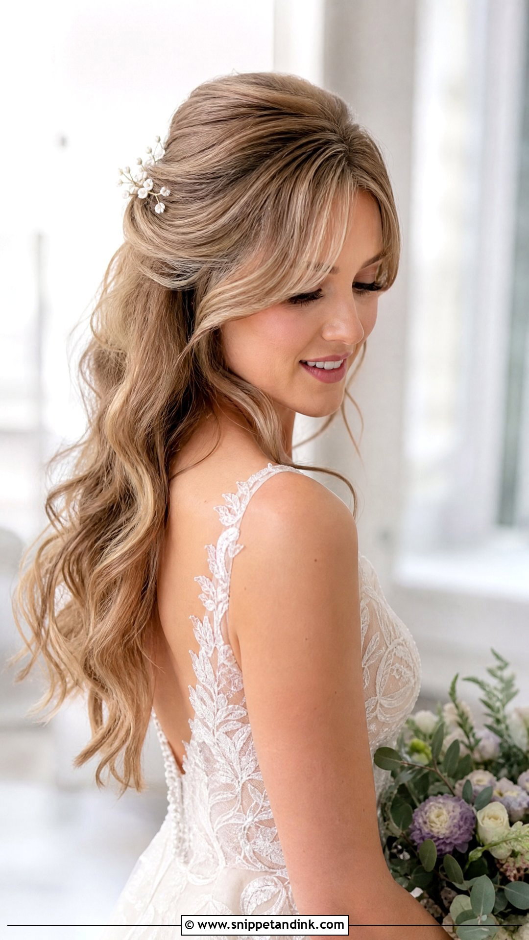 Half Up Wedding Hair With Curtain Bangs - Snippet and Ink - 15 Big Forehead Wedding Hairstyles