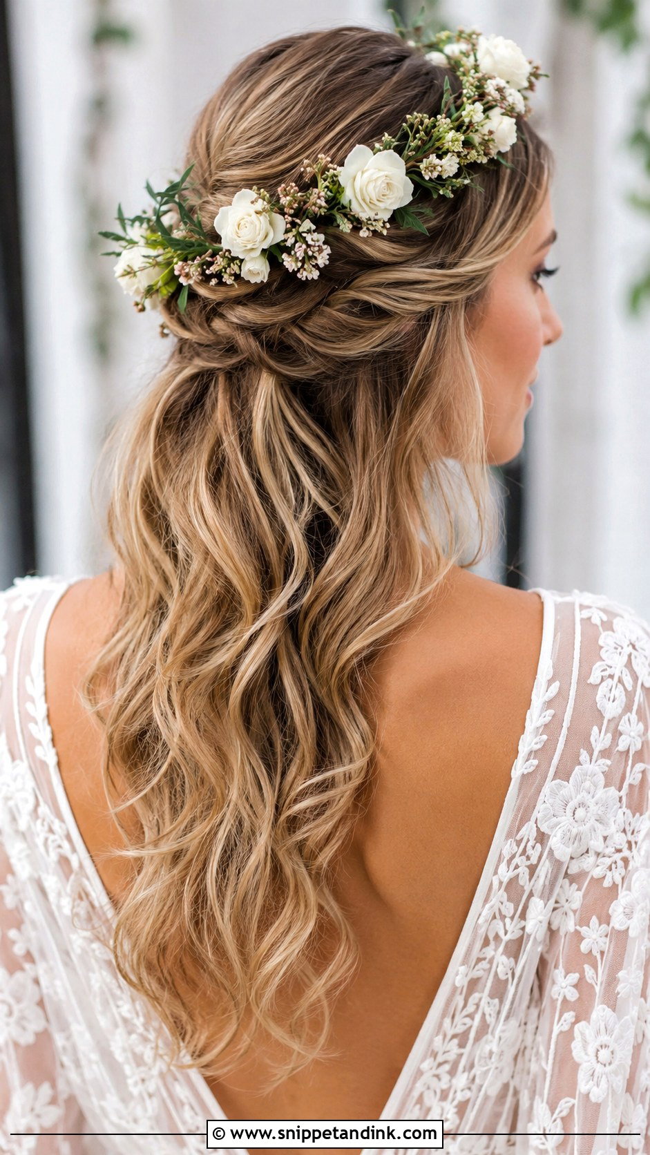 Half Up Wedding Hair With Floral Crown - Snippet and Ink - 25 Half-Up Wedding Hair Styles