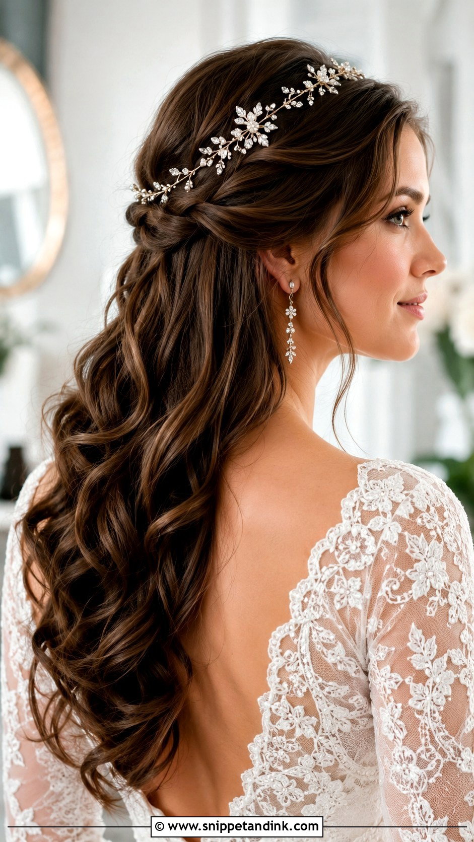 Half Up Wedding Hair With Hair Vine - Snippet and Ink - 20 Brunette Bridal Half-Up Half-Down Hair Ideas