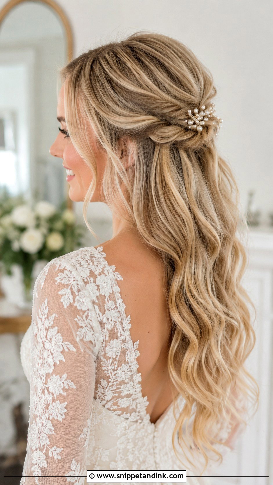 Half Up Wedding Hair With Loose Curls - Snippet and Ink - 15 Halfup Hairstyle for Long Hair Wedding Ideas