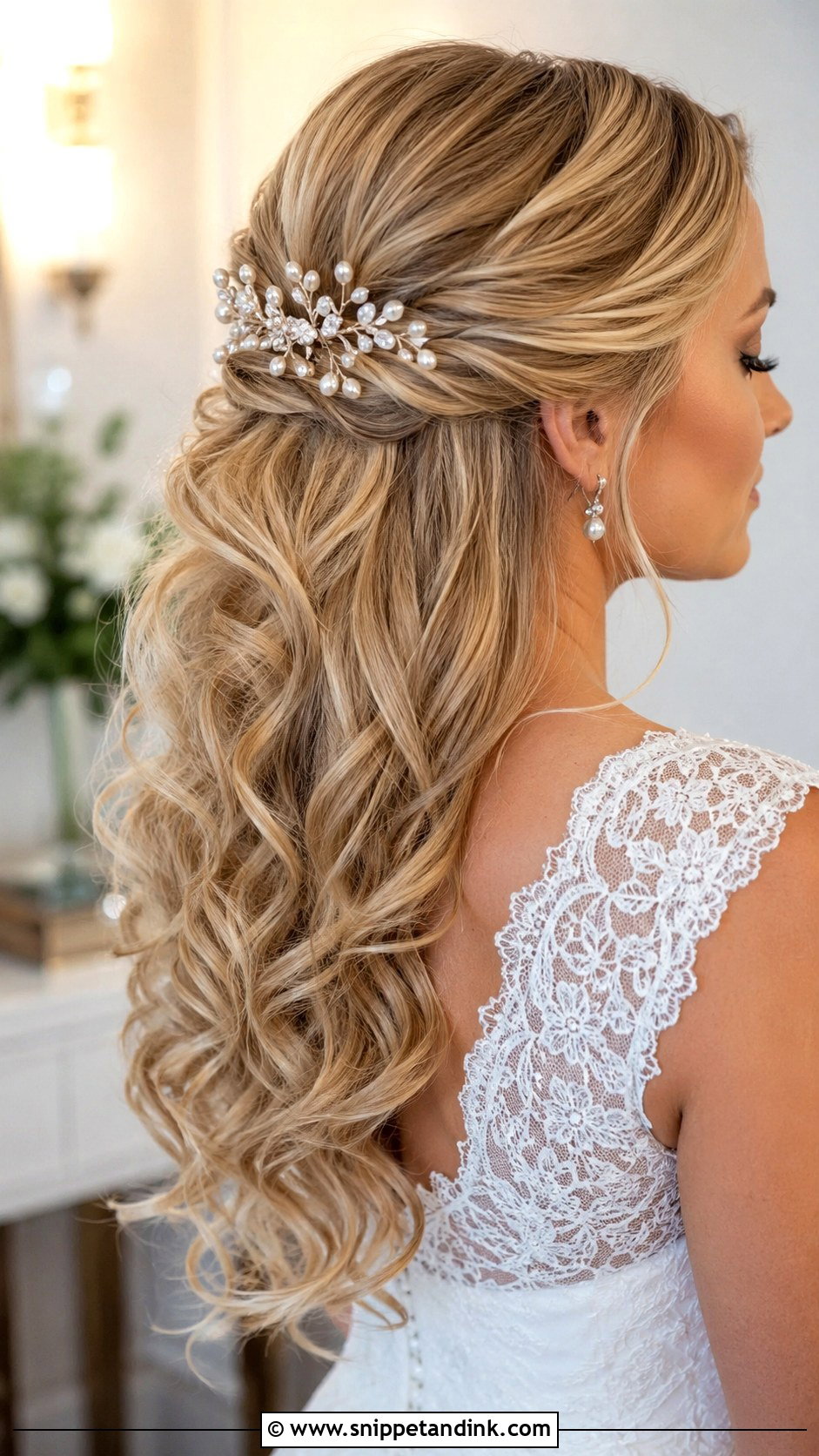 Half Up Wedding Hair With Pearl Pins - Snippet and Ink - 15 Simple Half-Up Wedding Hair Ideas
