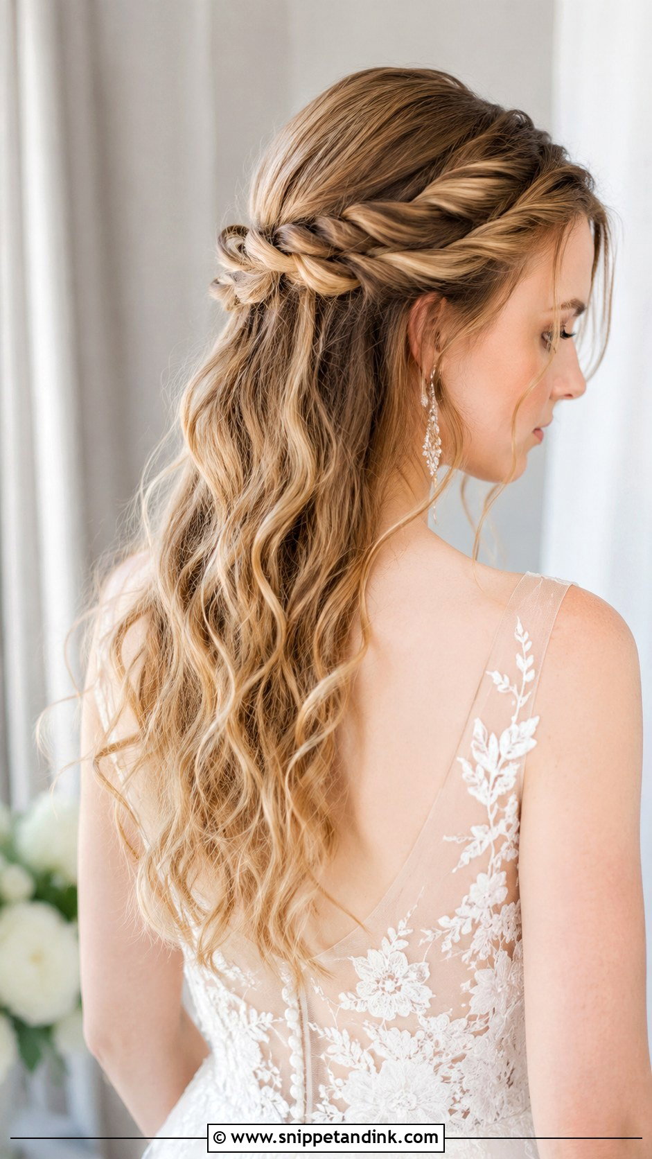 Half Up Wedding Hair With Twisted Crown - Snippet and Ink - 25 Half-Up Half-Down Wedding Hair Tutorial Ideas