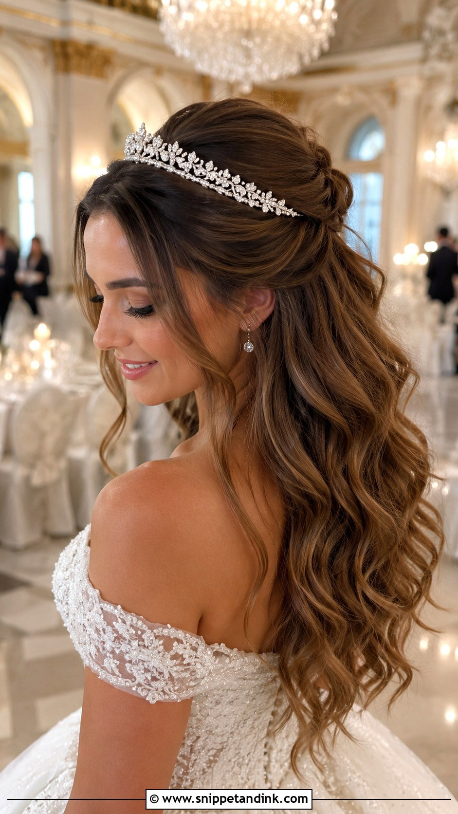 Half Up Wedding Hair with Tiara - Snippet and Ink - 20 Medium Half-Up Half-Down Wedding Hair Ideas