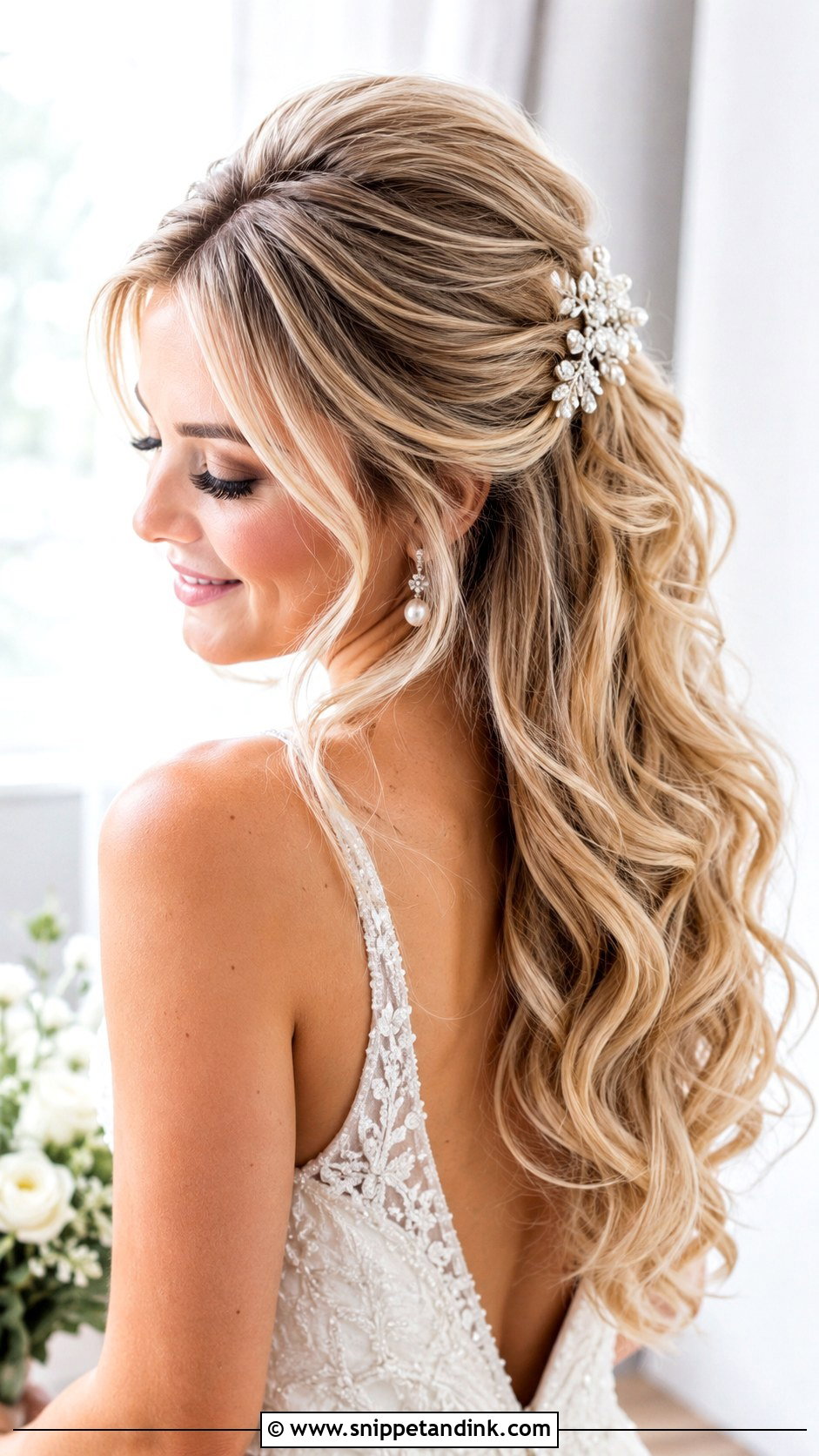 Half Up Wedding Hairstyle For Long Hair - Snippet and Ink - 15 Half-Up Wedding Day Hairstyles