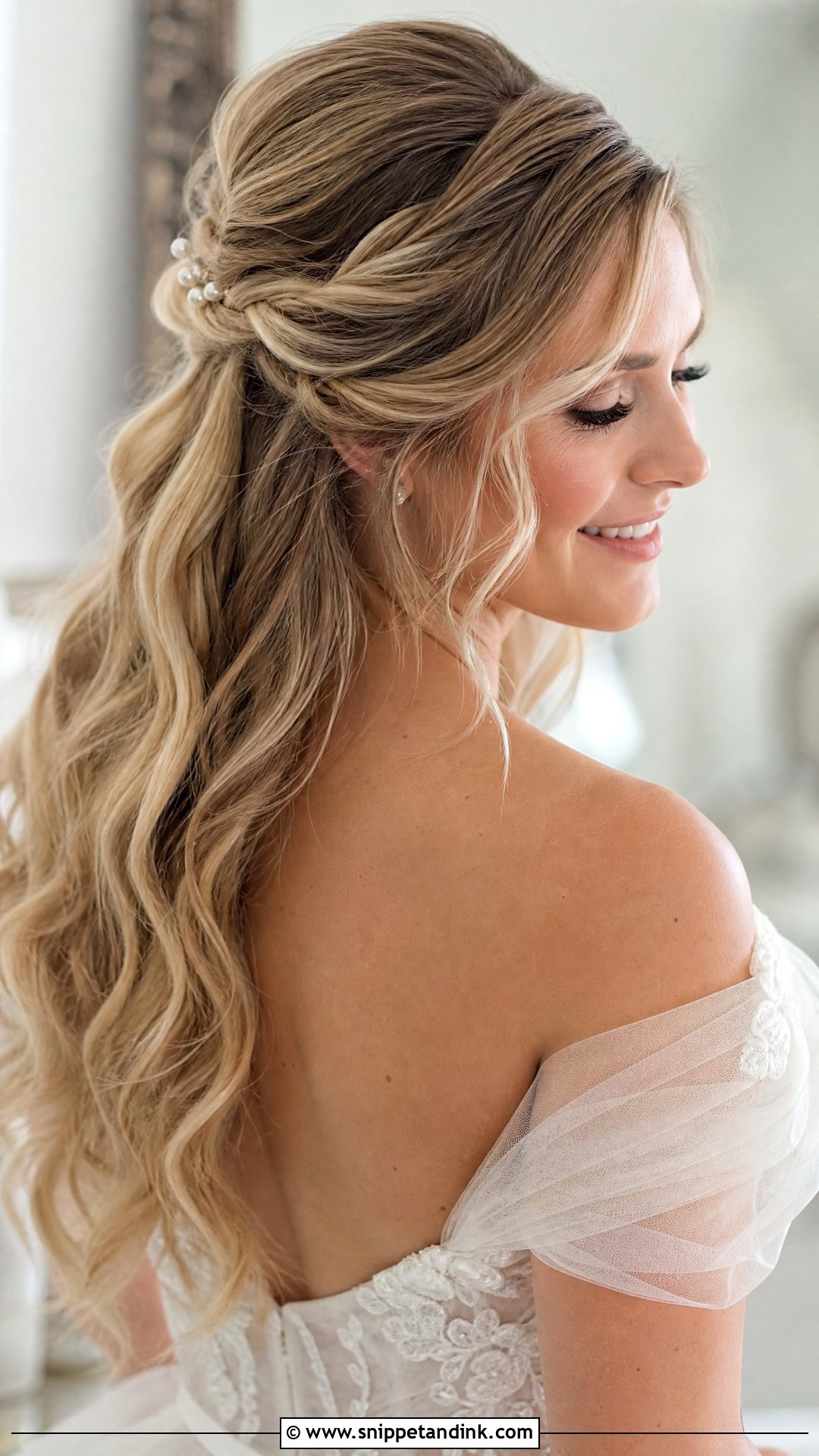Half Up Wedding Hairstyle For Off The Shoulder Dress - Snippet and Ink - 20 Off the Shoulder Wedding Hairstyles