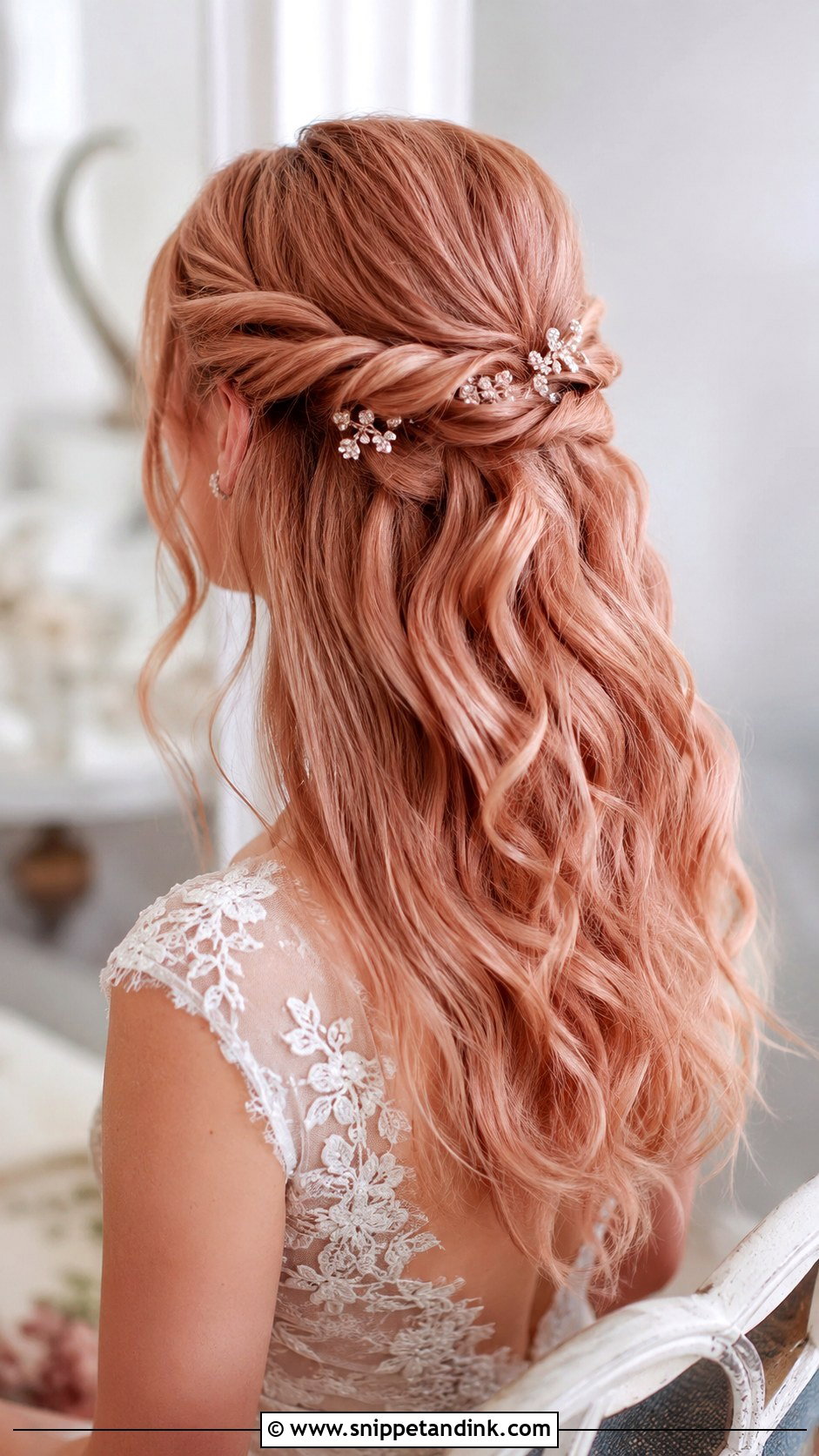 Half Up Wedding Hairstyle With Rose Gold Tones - Snippet and Ink - 20 Half-Up Wedding Ideas
