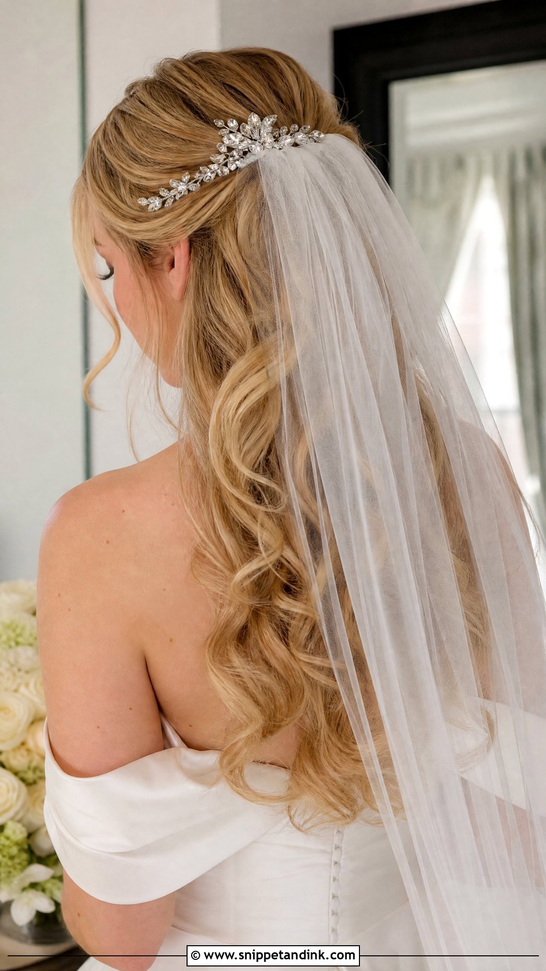 Half Up Wedding Hairstyle With Veil and Curls - Snippet and Ink - 20 Half-Up Wedding Hairstyle Ideas