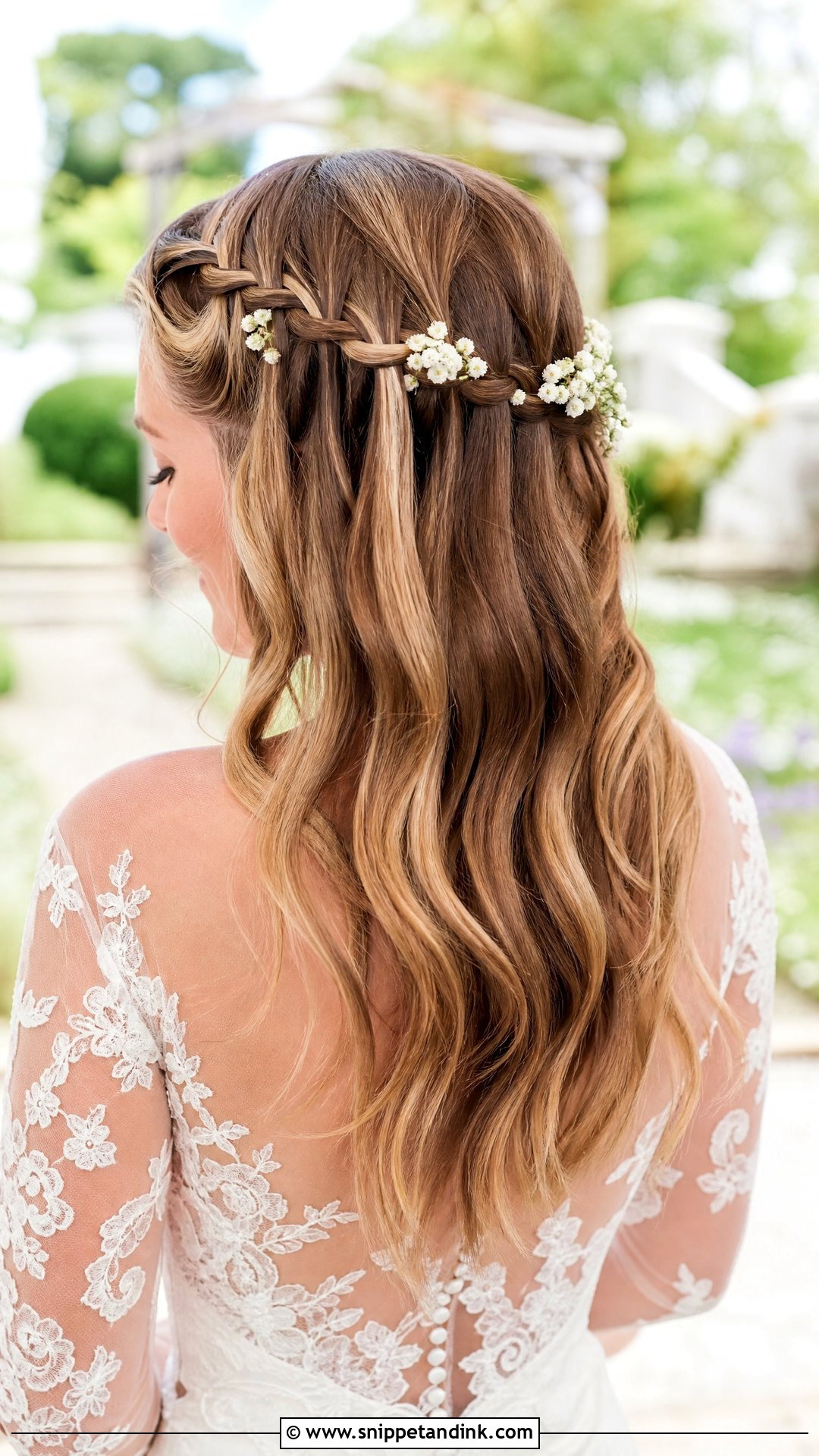 Half Up Wedding Hairstyle With Waterfall Braid - Snippet and Ink - 20 Half-Up and Half-Down Wedding Hairstyles