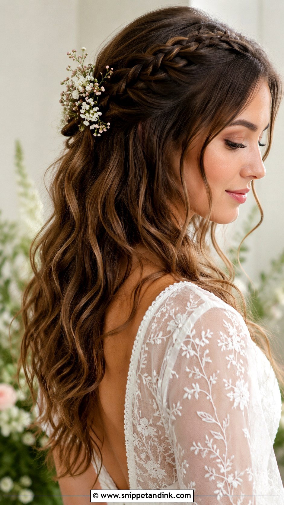 Half Up With Accent Braids and Waves - Snippet and Ink - 20 Mid Length Bridal Half-Up Half-Down Hair Ideas