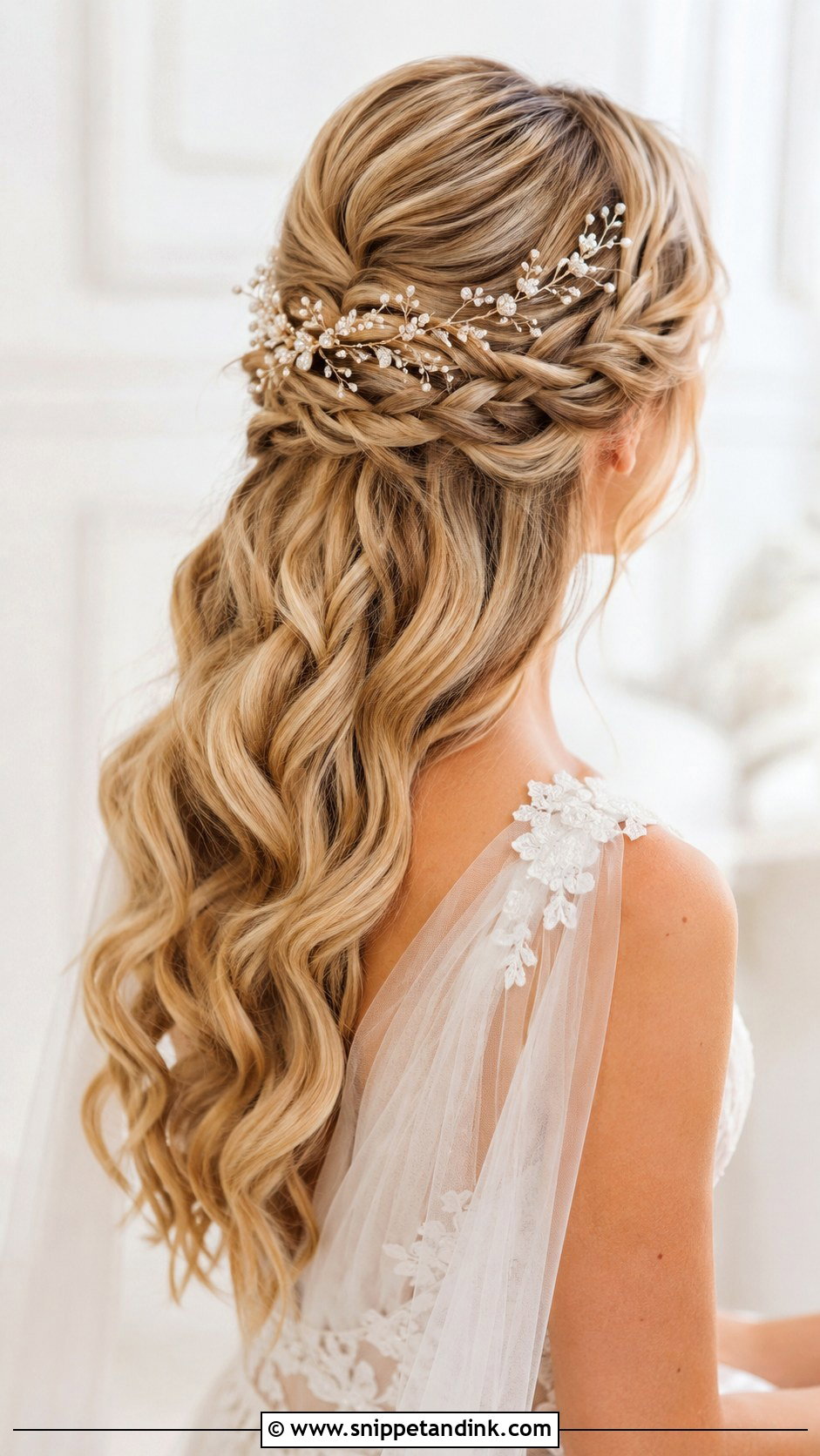 Half Up With Accessorized Hair Vine - Snippet and Ink - 20 Half-Up Bride Hair Ideas
