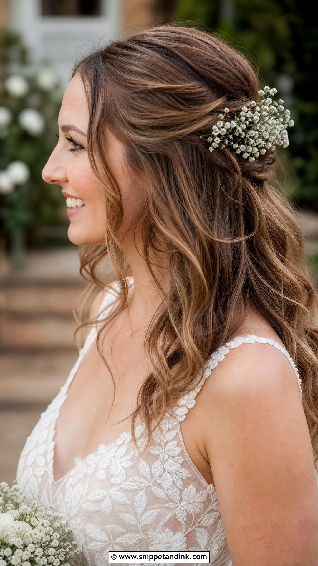 Half Up With Babys Breath - Snippet and Ink - 35 Half-Up Bridal Hair Ideas