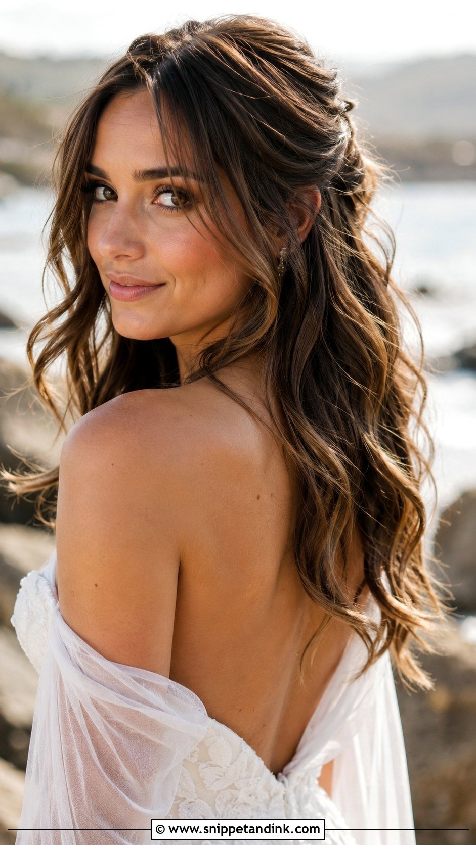 Half Up With Beach Waves - Snippet and Ink - 20 Long Brunette Half-Up Half-Down Wedding Hair Ideas