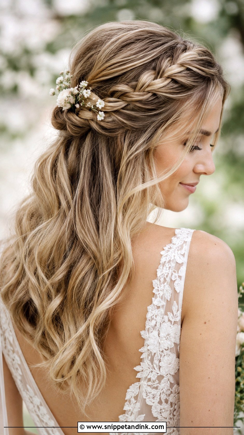 Half Up With Braided Crown and Waves - Snippet and Ink - 20 Mid Length Bridal Half-Up Half-Down Hair Ideas