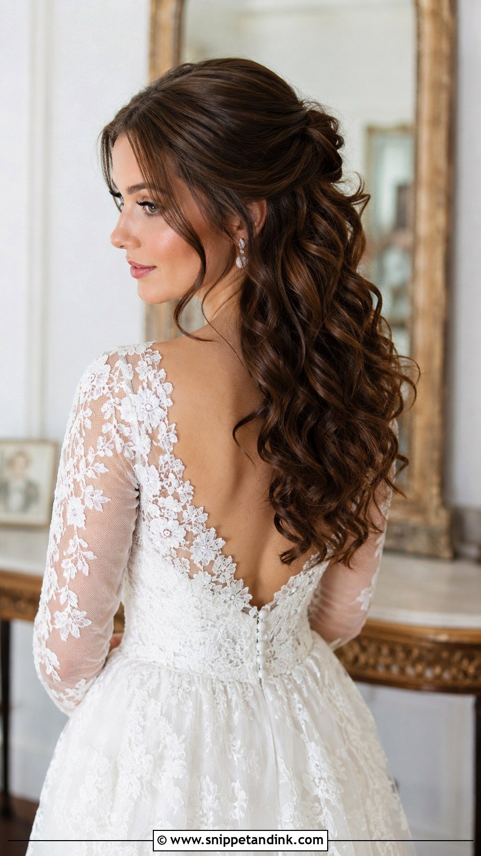 Half Up With Cascading Curls - Snippet and Ink - 20 Long Brunette Half-Up Half-Down Wedding Hair Ideas