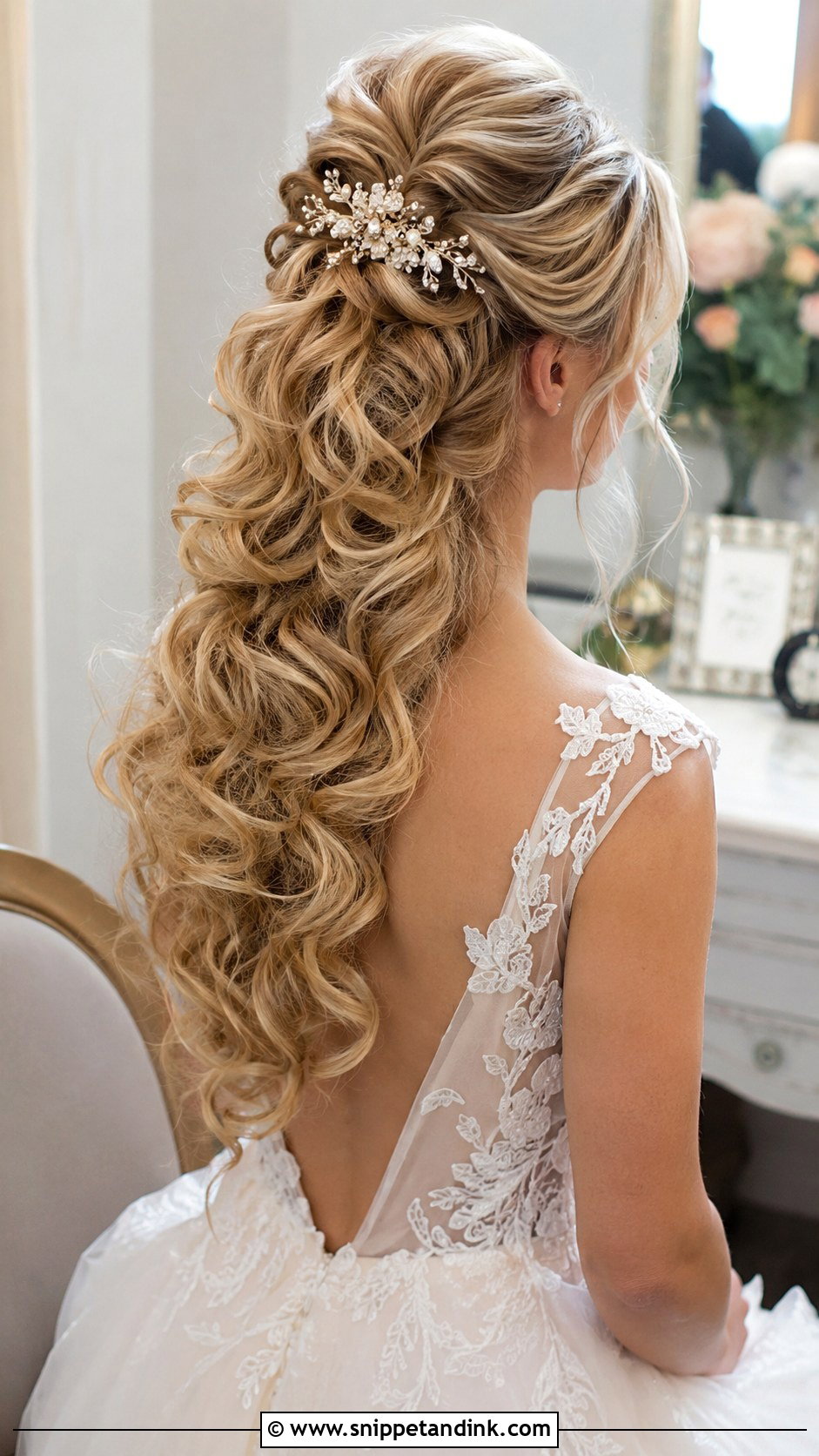 Half Up With Cascading Curls - Snippet and Ink - 25 Elegant Bridal Hairstyles
