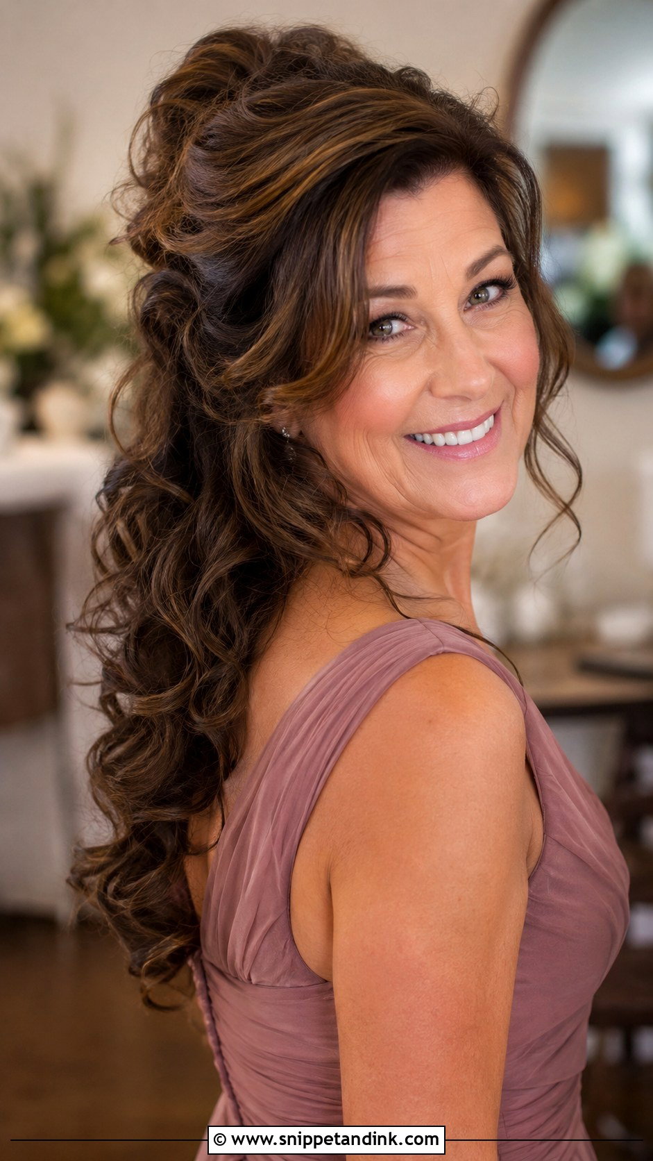 Half Up With Cascading Curls - Snippet and Ink - 30 Half-Up Half-Down Mother of Bride Hair Ideas