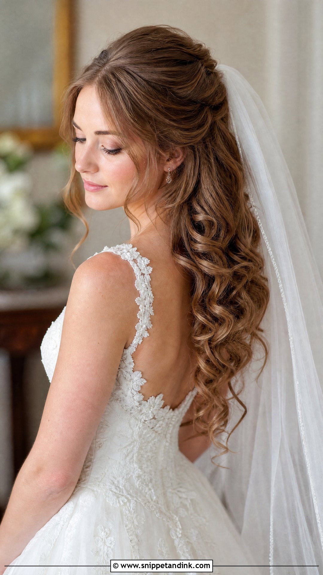 Half Up With Cascading Curls and Veil - Snippet and Ink - 20 Long Half-Up Half-Down Wedding Hairstyles