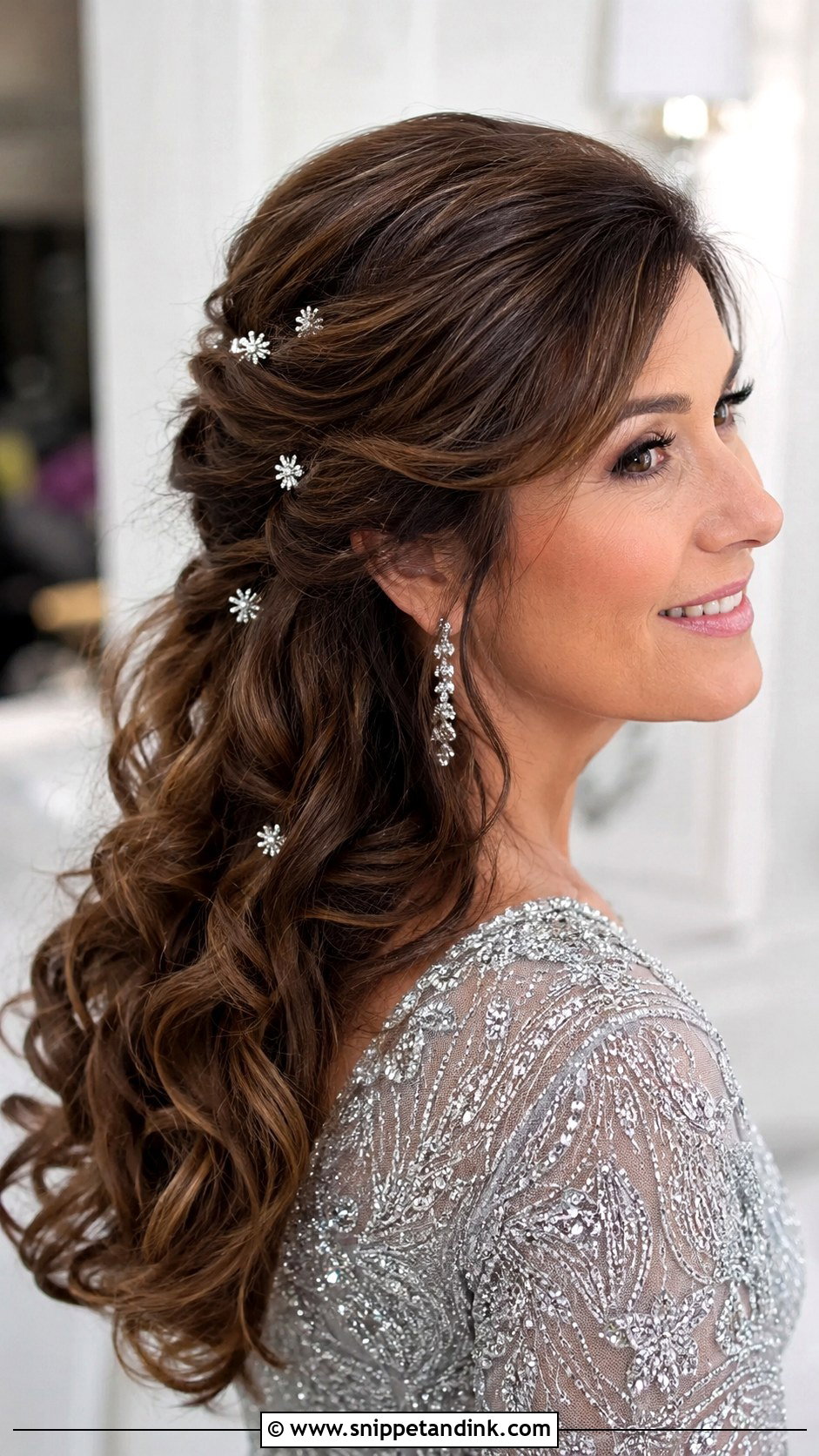 Half Up With Crystal Hairpins - Snippet and Ink - 30 Half-Up Half-Down Mother of Bride Hair Ideas
