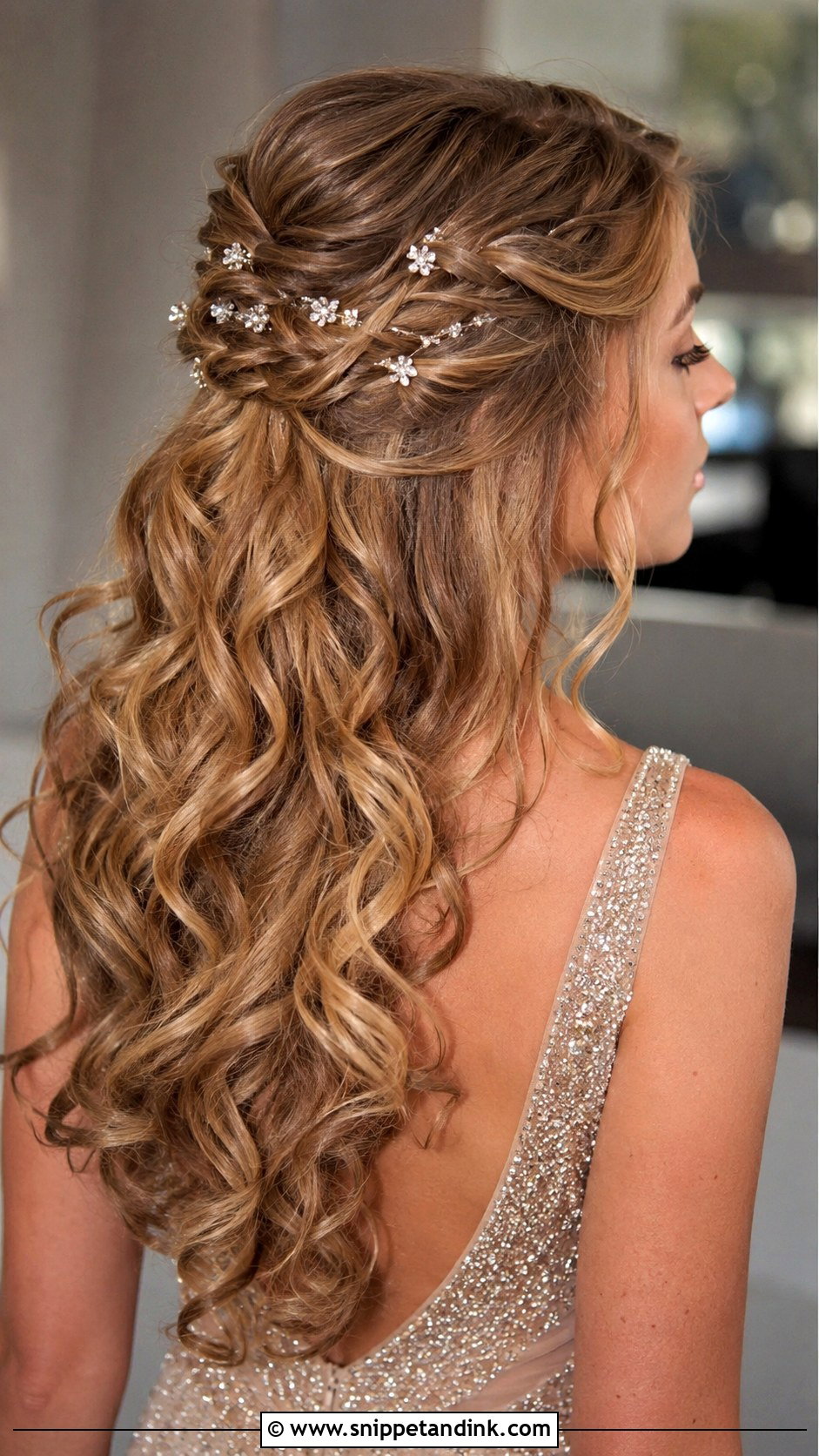 Half Up With Curls and Crystal Pins - Snippet and Ink - 30 Half-Up Wedding Hair Ideas