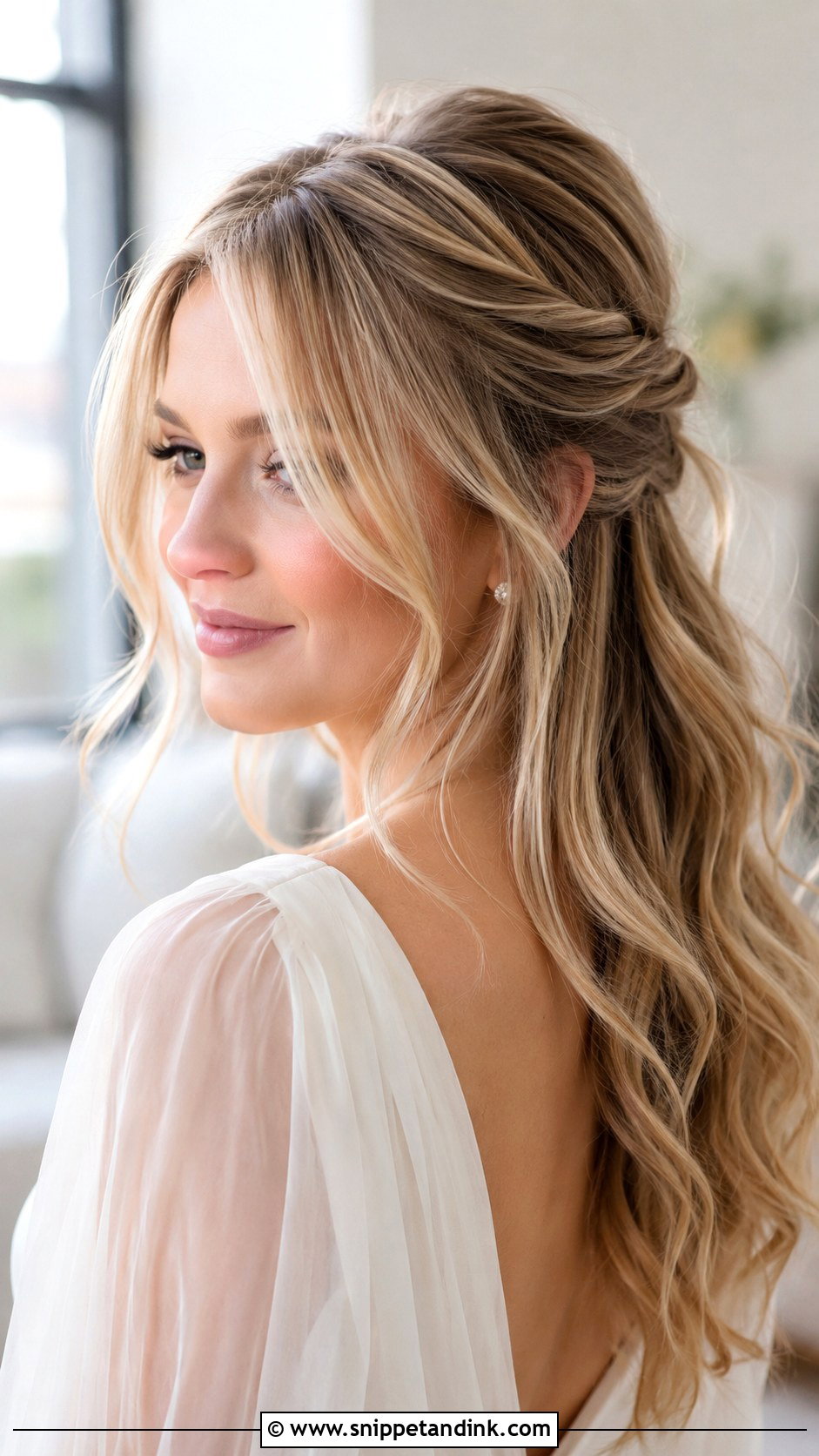 Half Up With Curtain Bangs - Snippet and Ink - 25 Half-Up Maid of Honor Hairstyles
