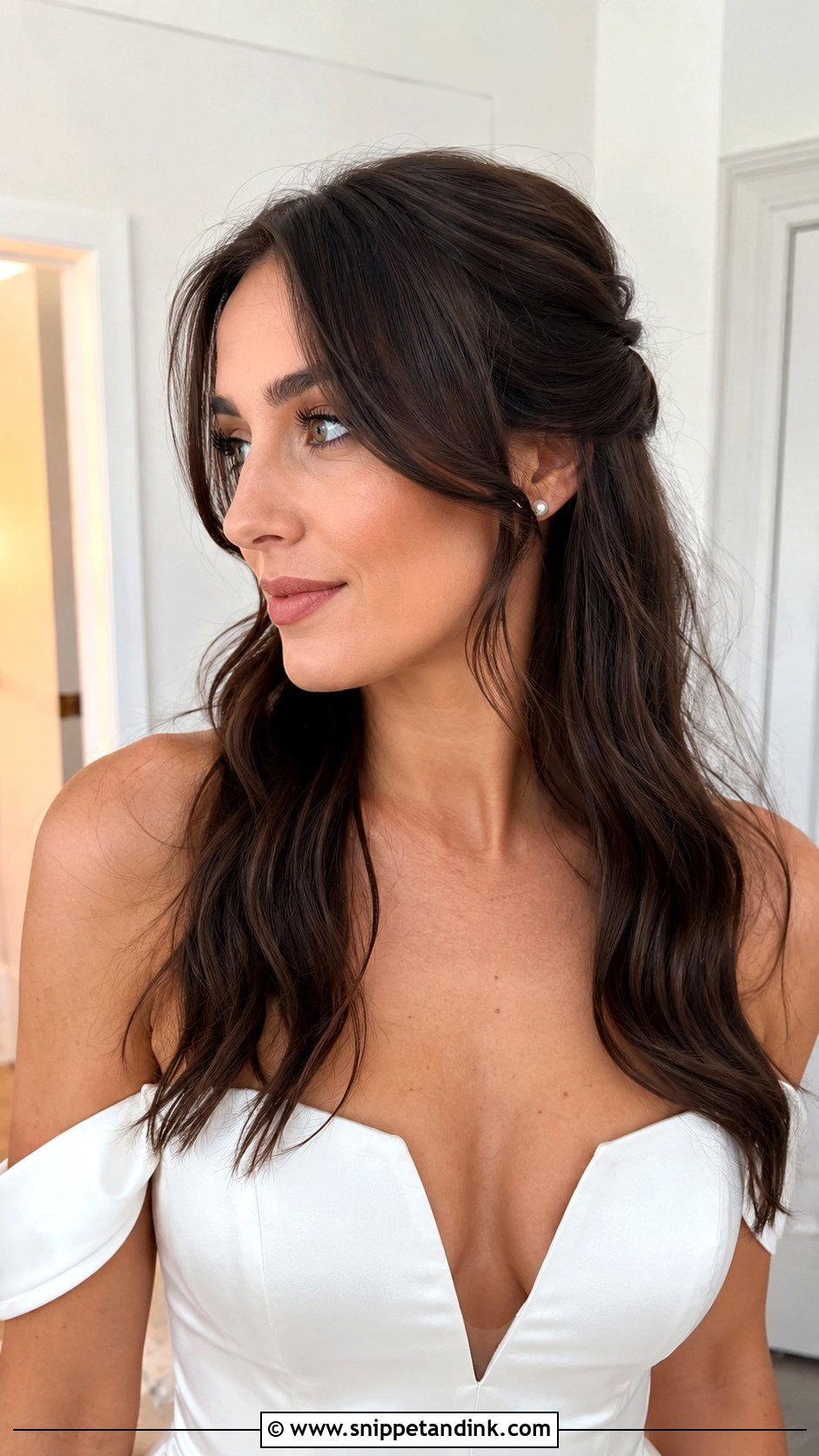 Half Up With Curtain Bangs - Snippet and Ink - 20 Long Brunette Half-Up Half-Down Wedding Hair Ideas