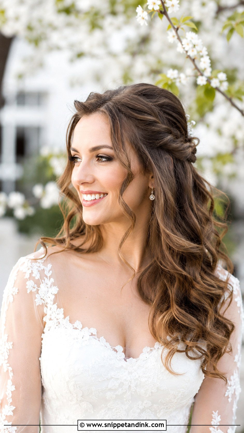 Half Up With Curtain Bangs - Snippet and Ink - 20 Mid Length Bridal Half-Up Half-Down Hair Ideas